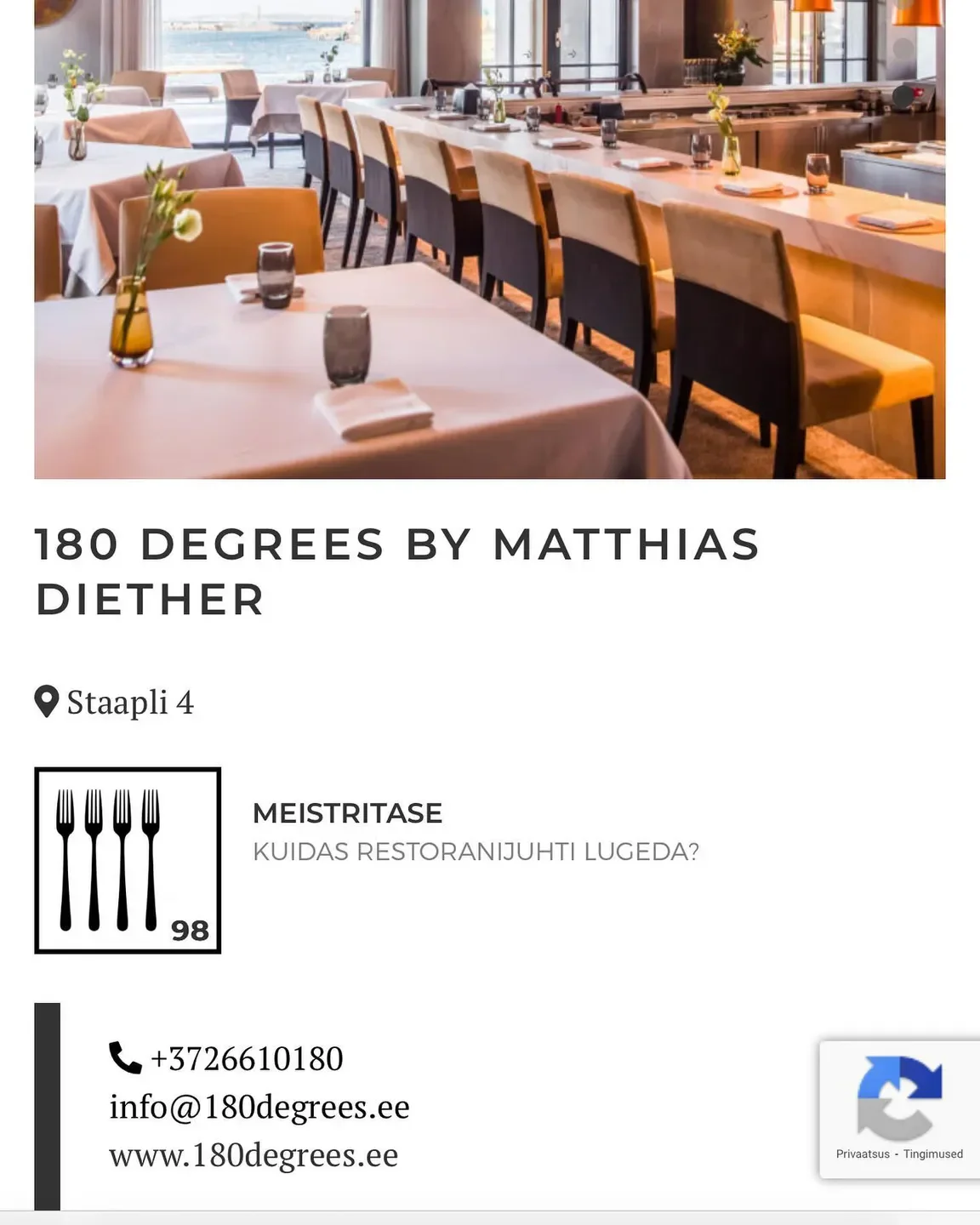 Elegant dining area at 180° by Matthias Diether restaurant in Tallinn, Estonia.