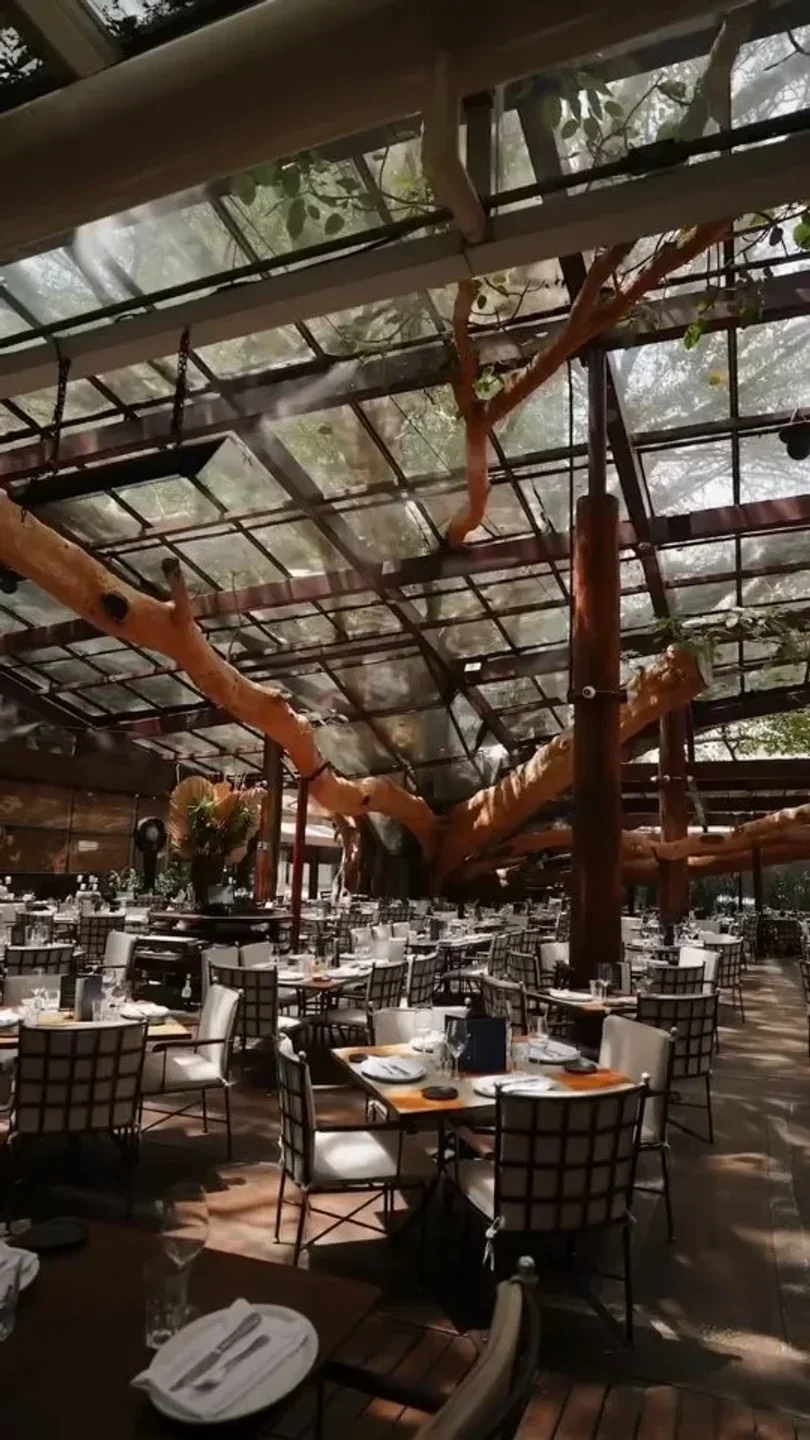 Interior of A Figueira Rubaiyat restaurant in Sao Paulo, with glass ceiling and tables.