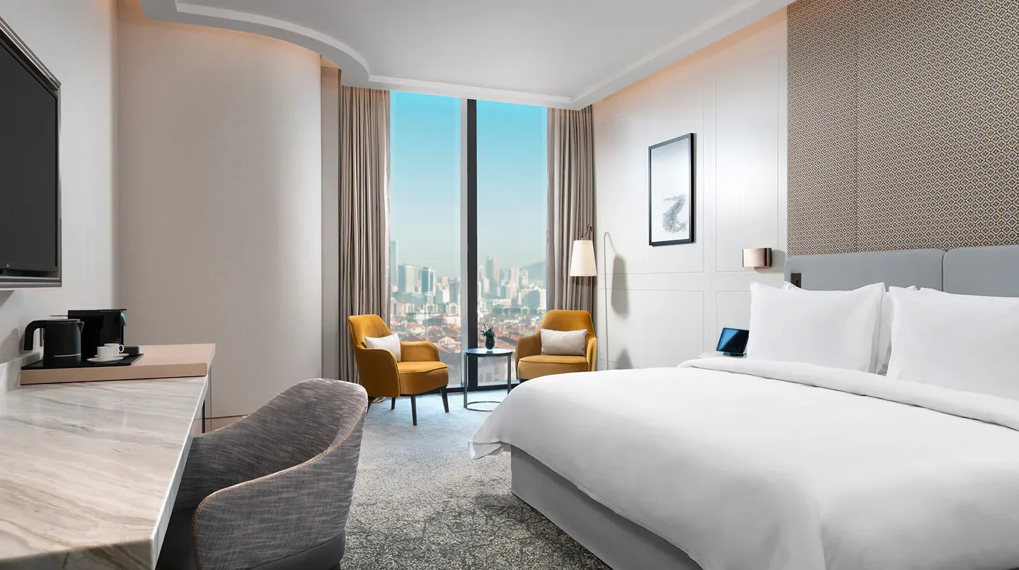 Modern hotel room at Address Istanbul, with a view of Istanbul's skyline.