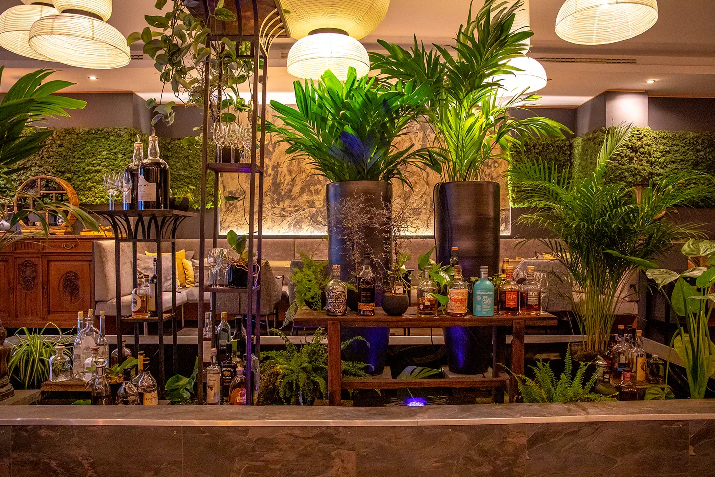 Interior of Agata's restaurant in Düsseldorf, showcasing elegant bar and lush greenery.