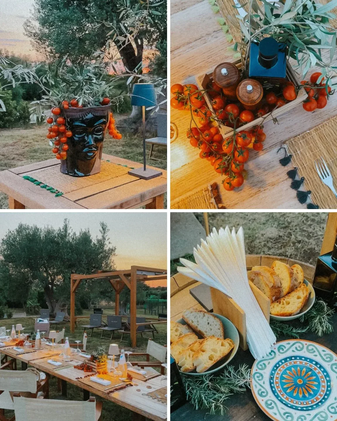 Agua Beach Club in Sicily features an outdoor dining setup with fresh tomatoes and bread.