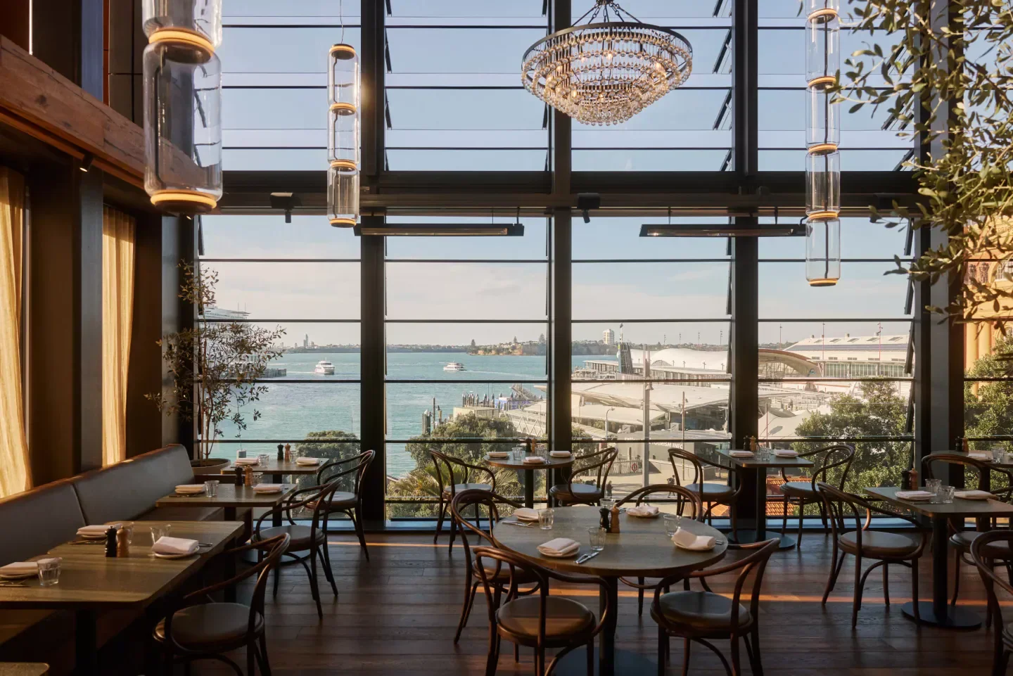 Interior of Ahi restaurant in Auckland with harbor views and stylish decor.