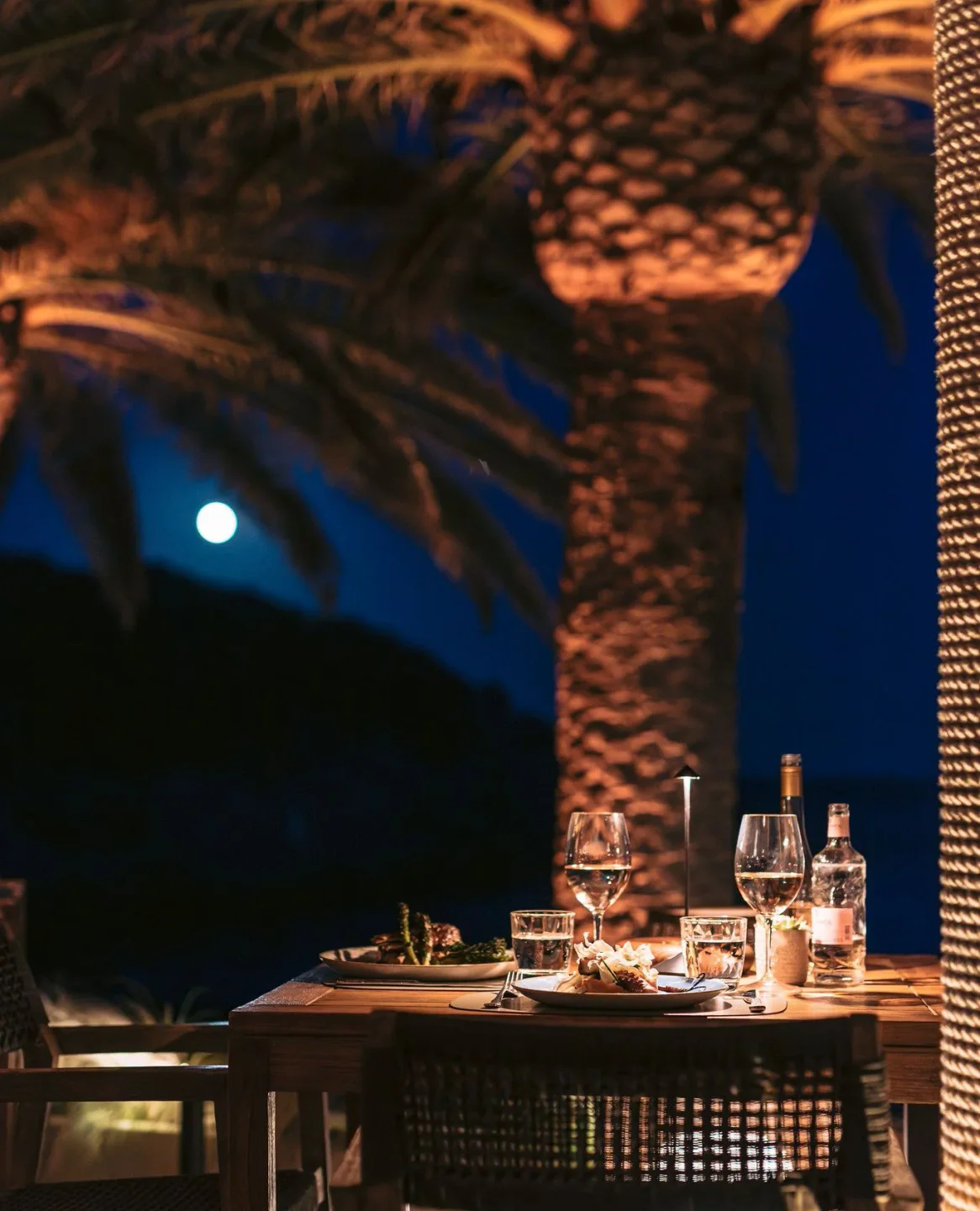 Romantic dinner setting at Aiyanna restaurant in Ibiza under the moonlight with palm trees.