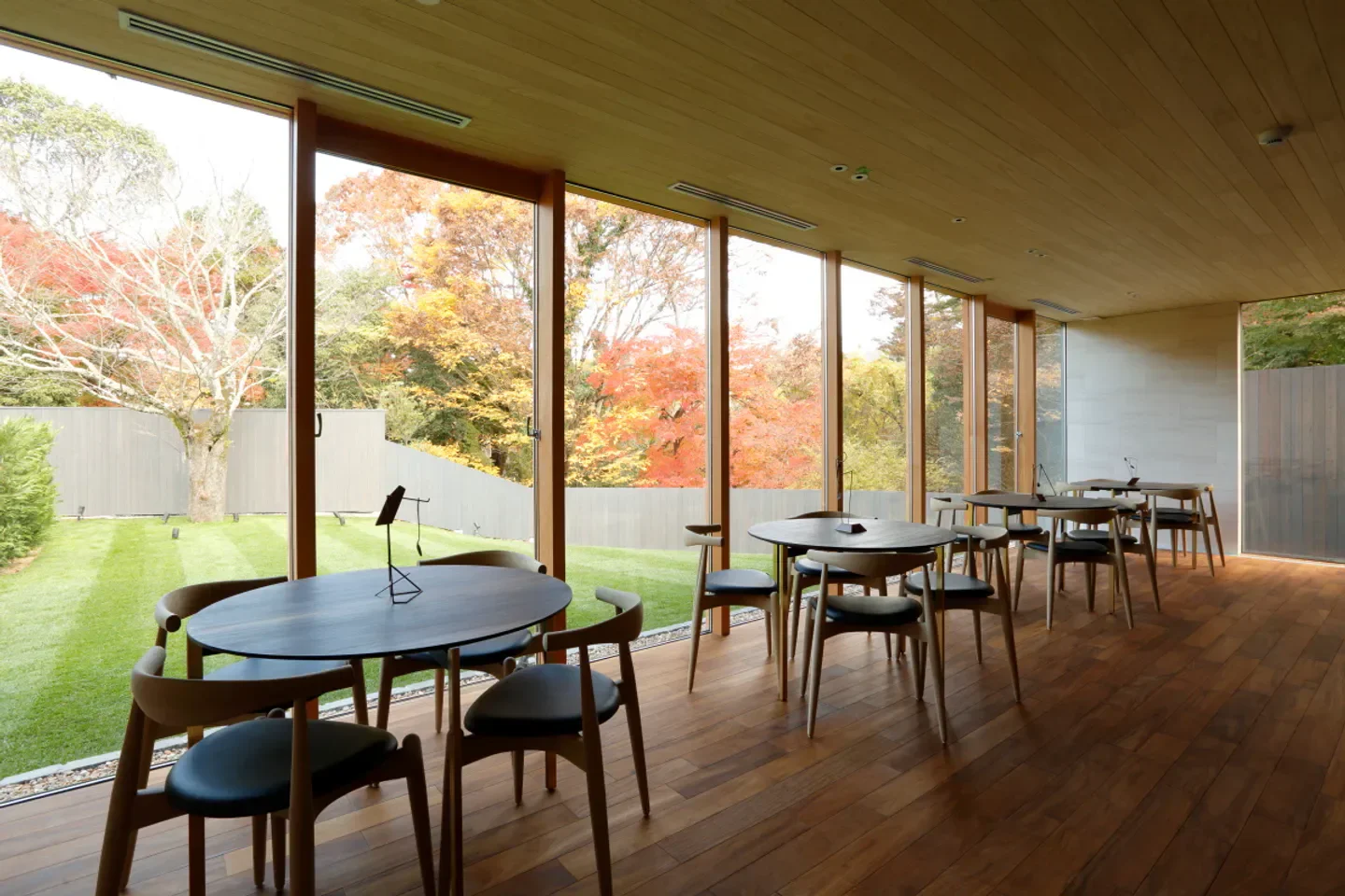 Interior of akordu restaurant in Nara, featuring tables with a view of fall foliage.