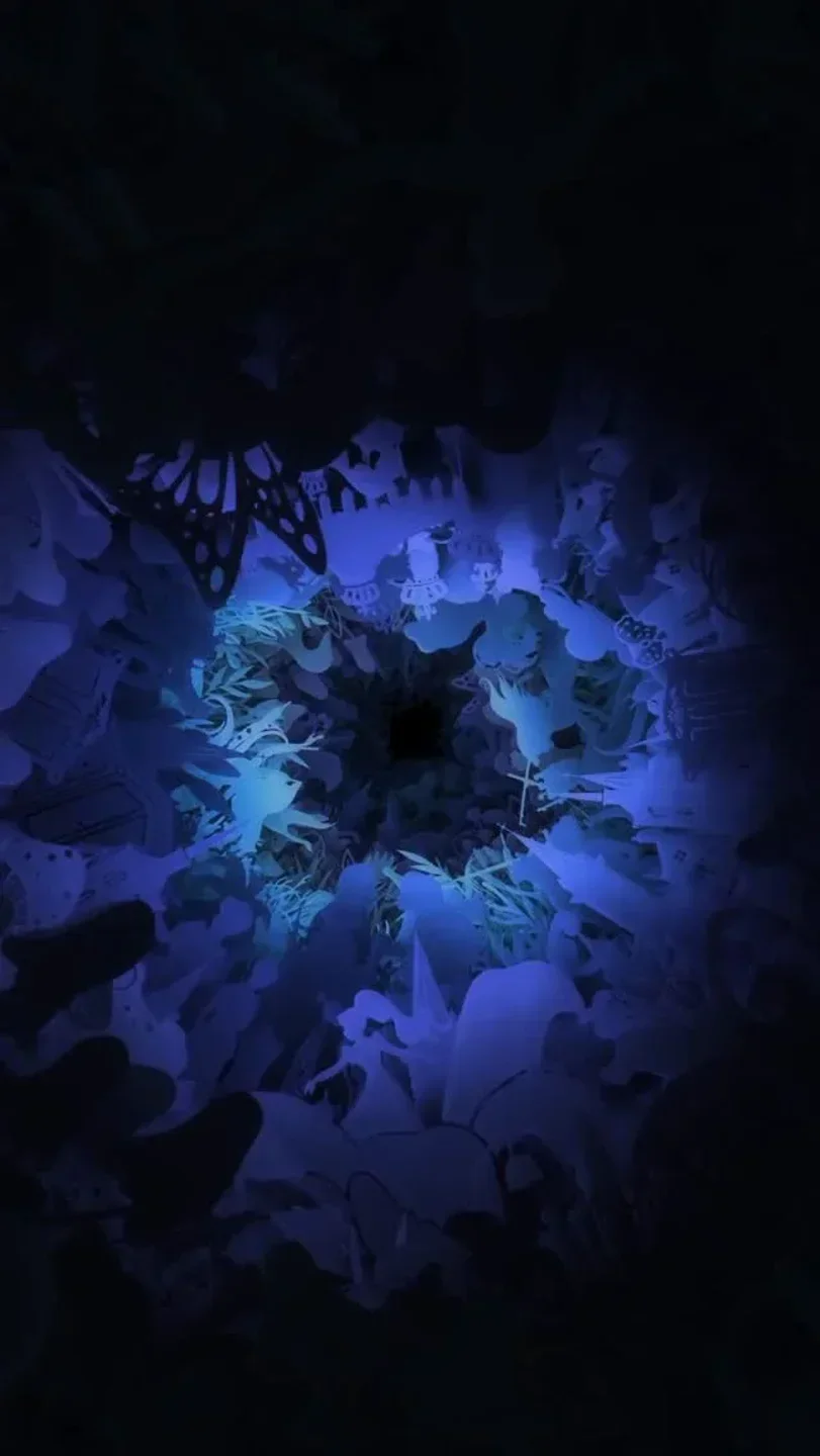 Mystical tunnel art at Alchemist restaurant in Copenhagen, featuring a dark blue lighting.