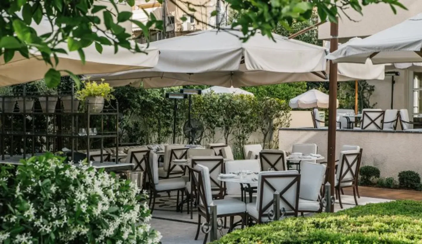 Outdoor seating at Alena restaurant in Tel Aviv, featuring umbrellas and lush greenery