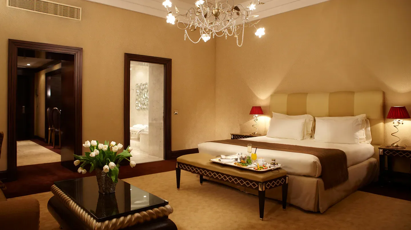 Elegant hotel room at Anantara New York Palace Budapest Hotel in Budapest, Hungary