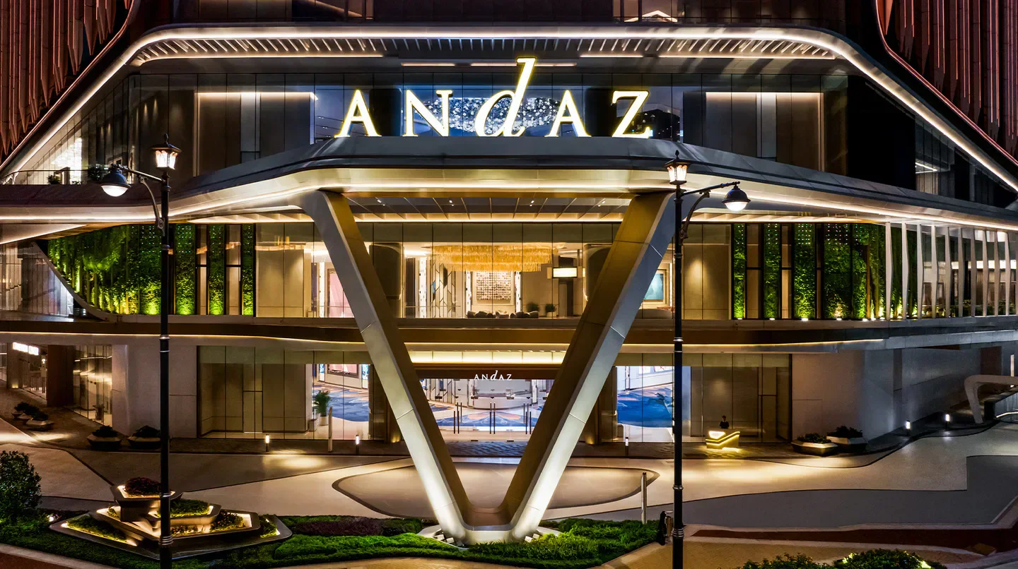 Andaz Macau hotel entrance at night, modern architecture in Macau
