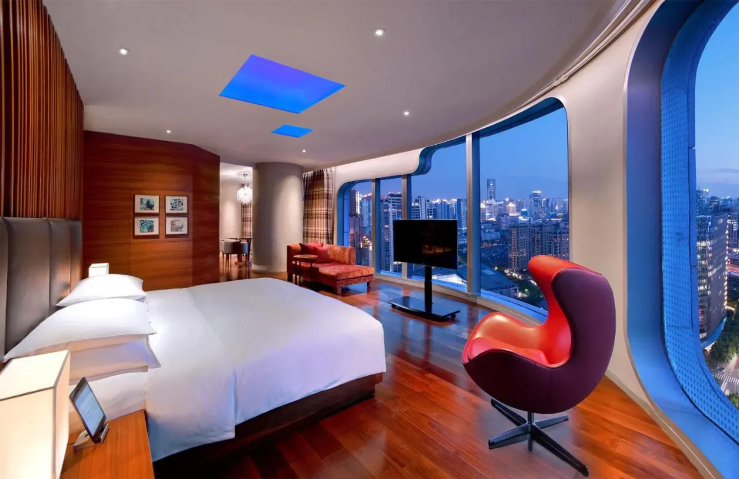 Modern hotel room at Andaz Xintiandi, Shanghai with city skyline views in Shanghai.