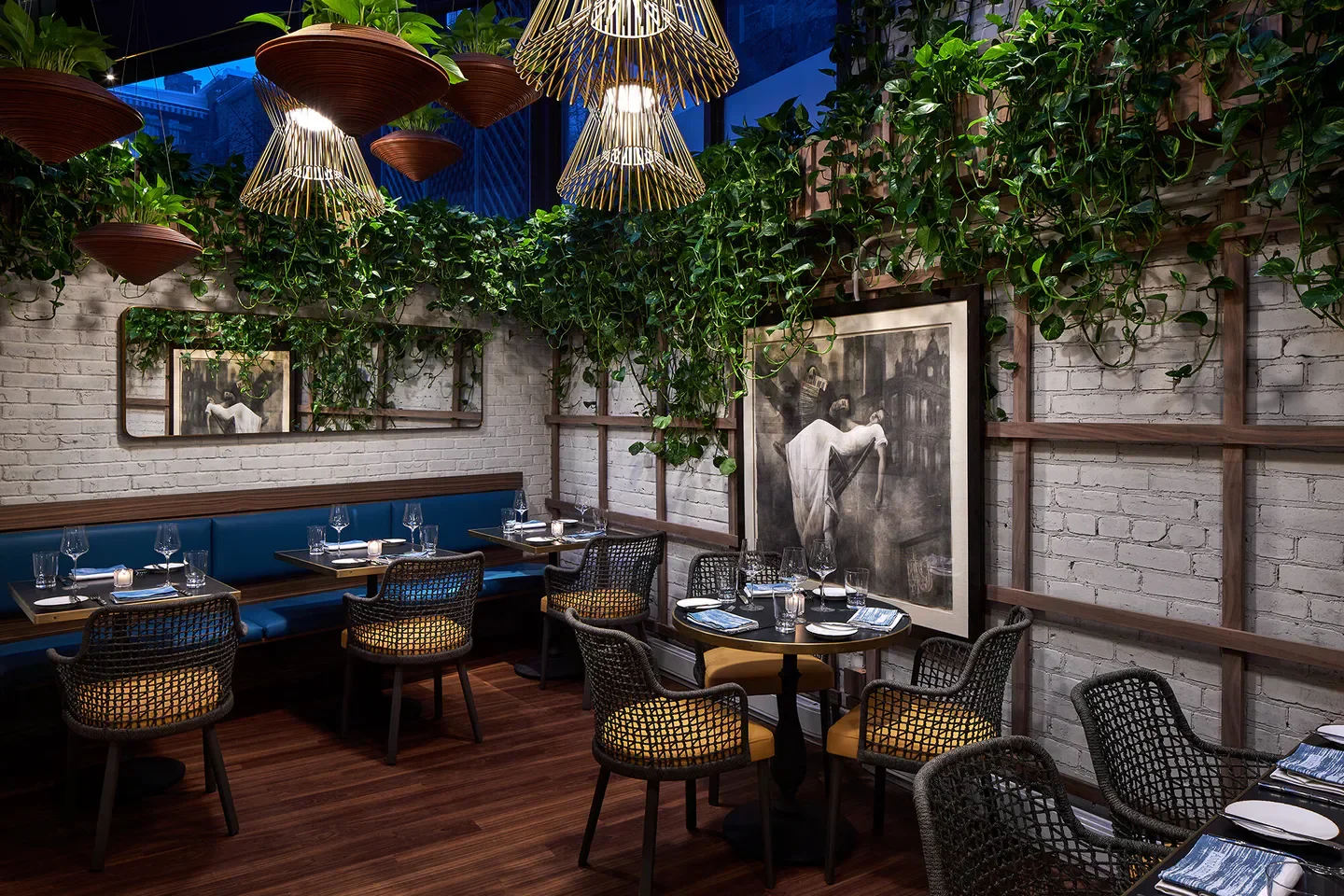 Annabelle restaurant in Washington features stylish interior with hanging plants and artistic decor