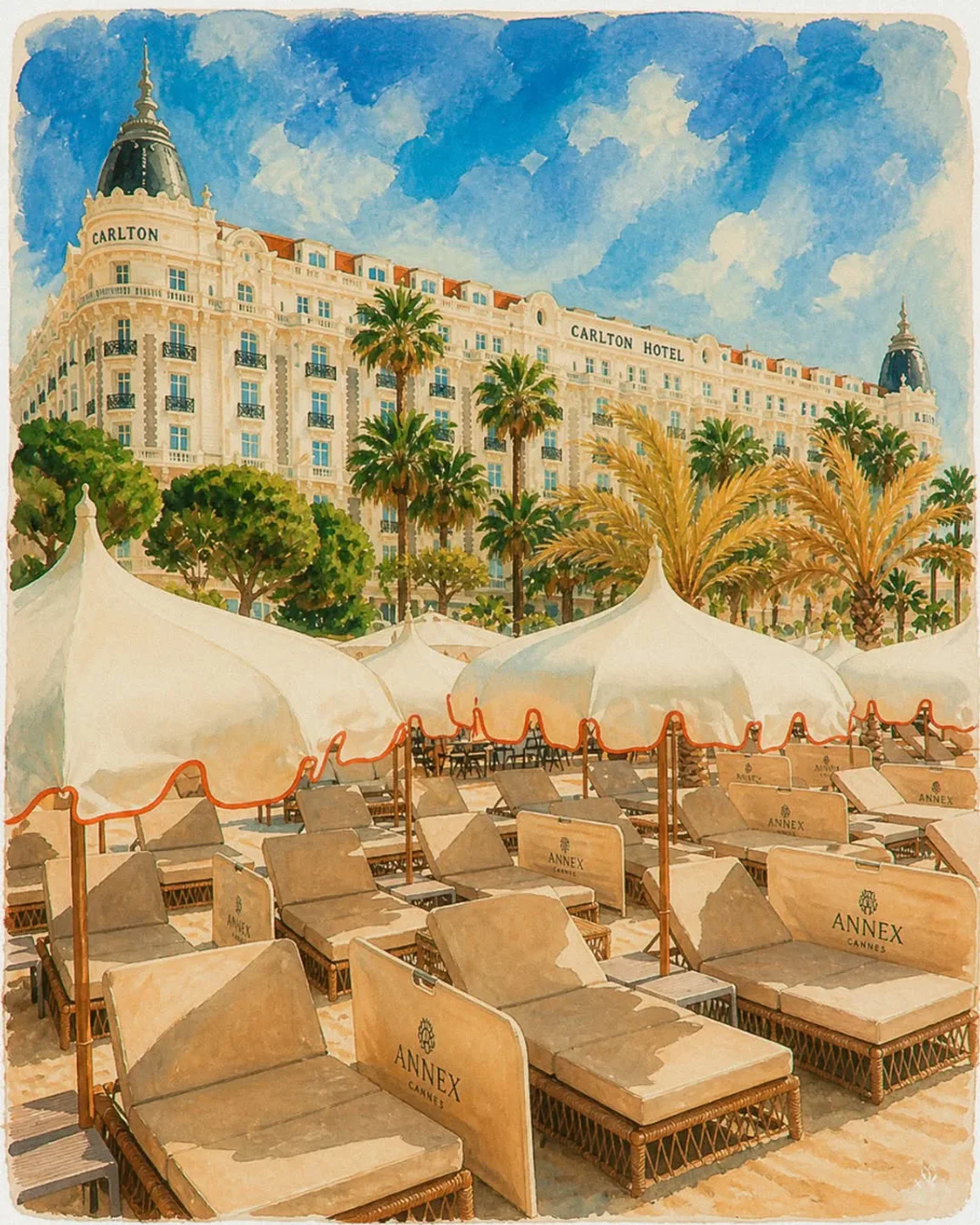 Annex Beach Cannes with rows of lounge chairs and umbrellas before the iconic Carlton Hotel and palm trees.