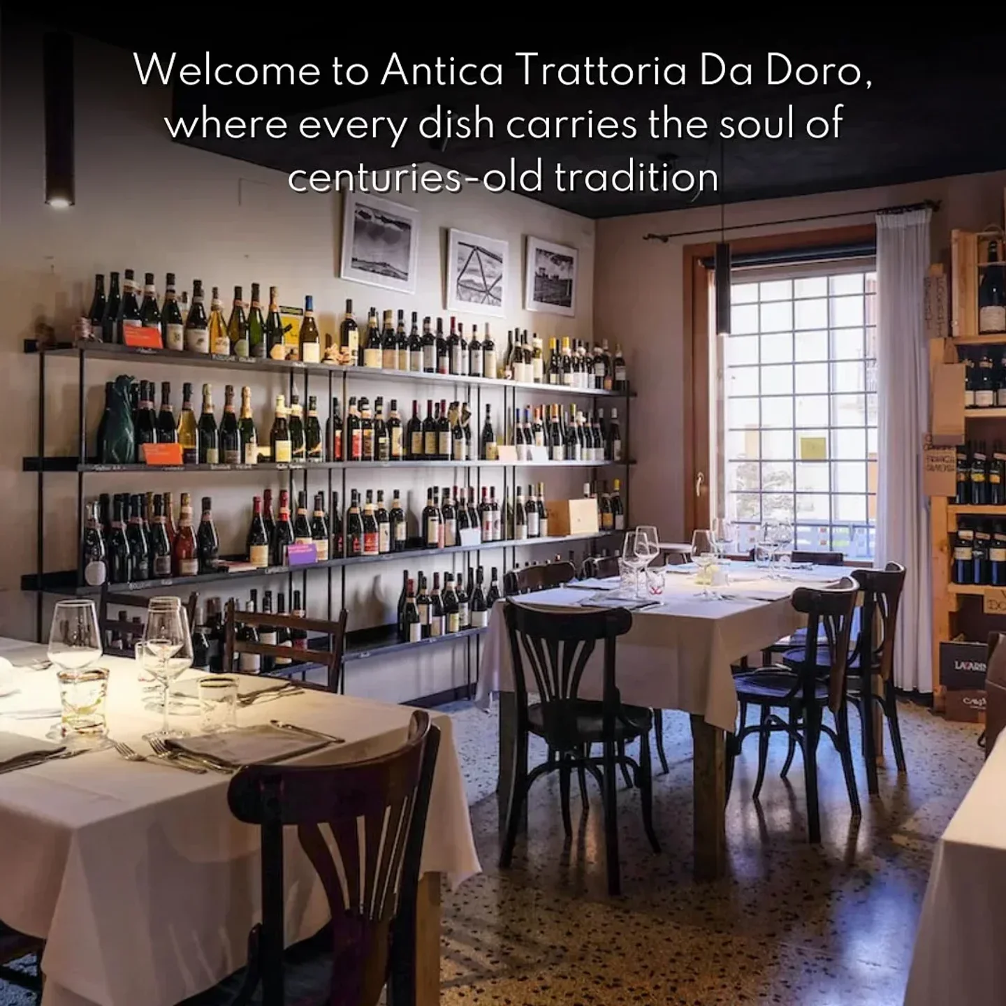 Cozy dining room at Antica Trattoria Da Doro in Veneto, with wine selection and tables set