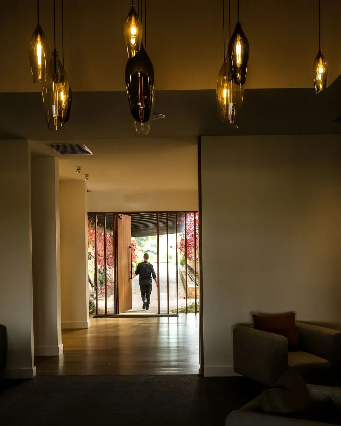 Interior of Appellation restaurant in Barossa Valley, featuring elegant lighting and entrance.