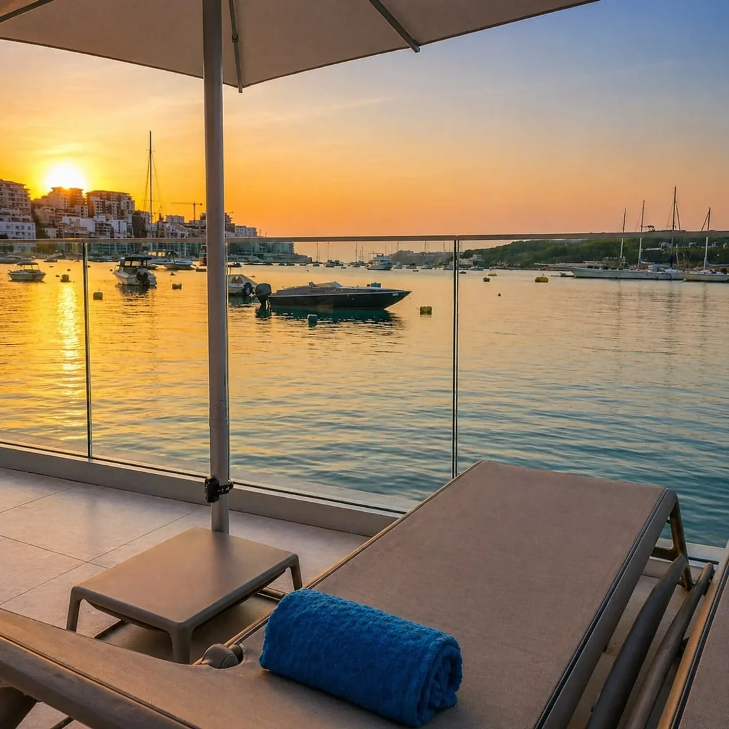 Aqualuna Malta beach club sunset view over harbor with boats and lounge chairs.