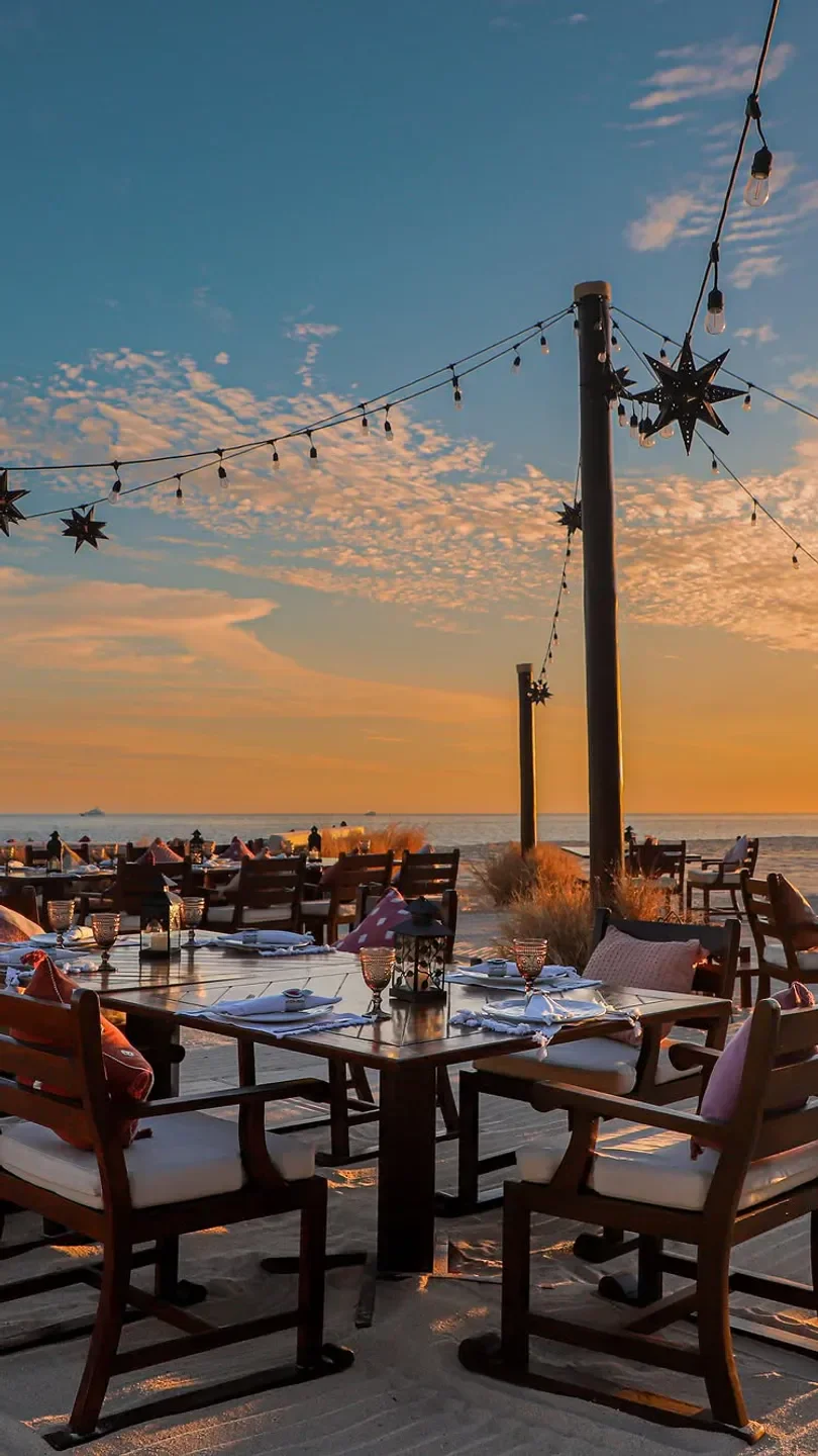 Outdoor dining at Arbol in San José del Cabo, beachfront restaurant with sunset views.