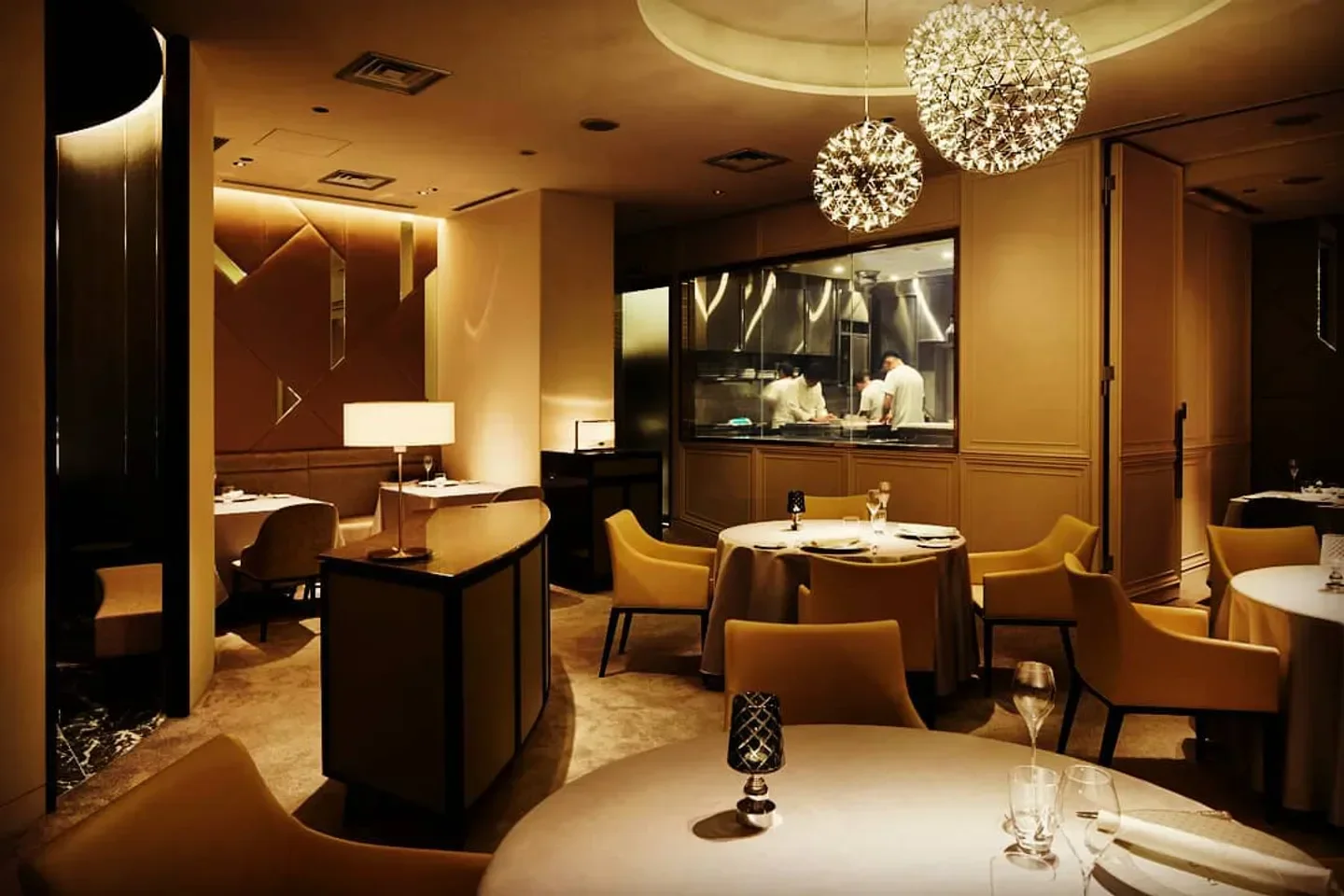 Interior of Asahina Gastronome, a restaurant in Tokyo, with a view of the kitchen
