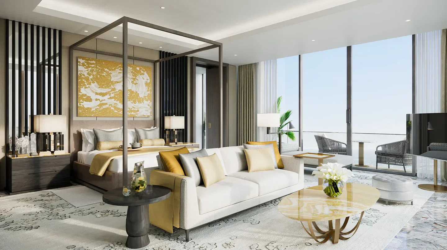 Luxury bedroom at Atlantis The Royal Dubai with stunning views and stylish decor.