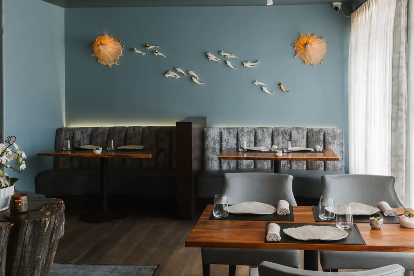 Interior of Aubergine at L'Auberge Carmel, featuring stylish decor and dining tables in Carmel.
