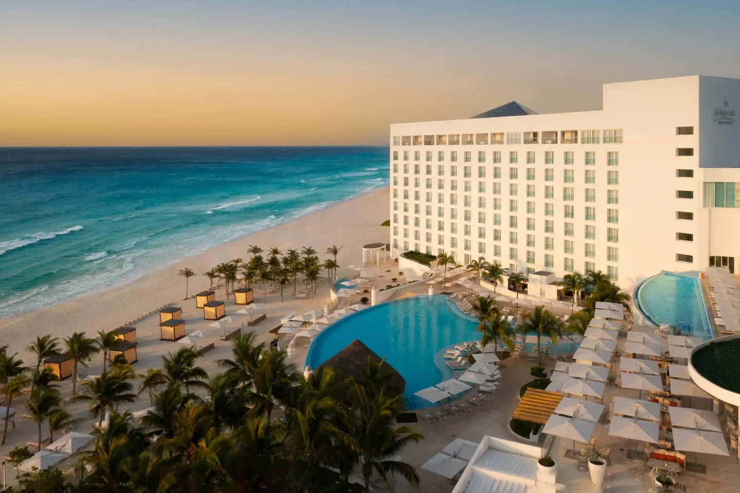 Aerial view of Aura Spa at Le Blanc Spa Resort Cancun and beach in Cancun, Mexico.