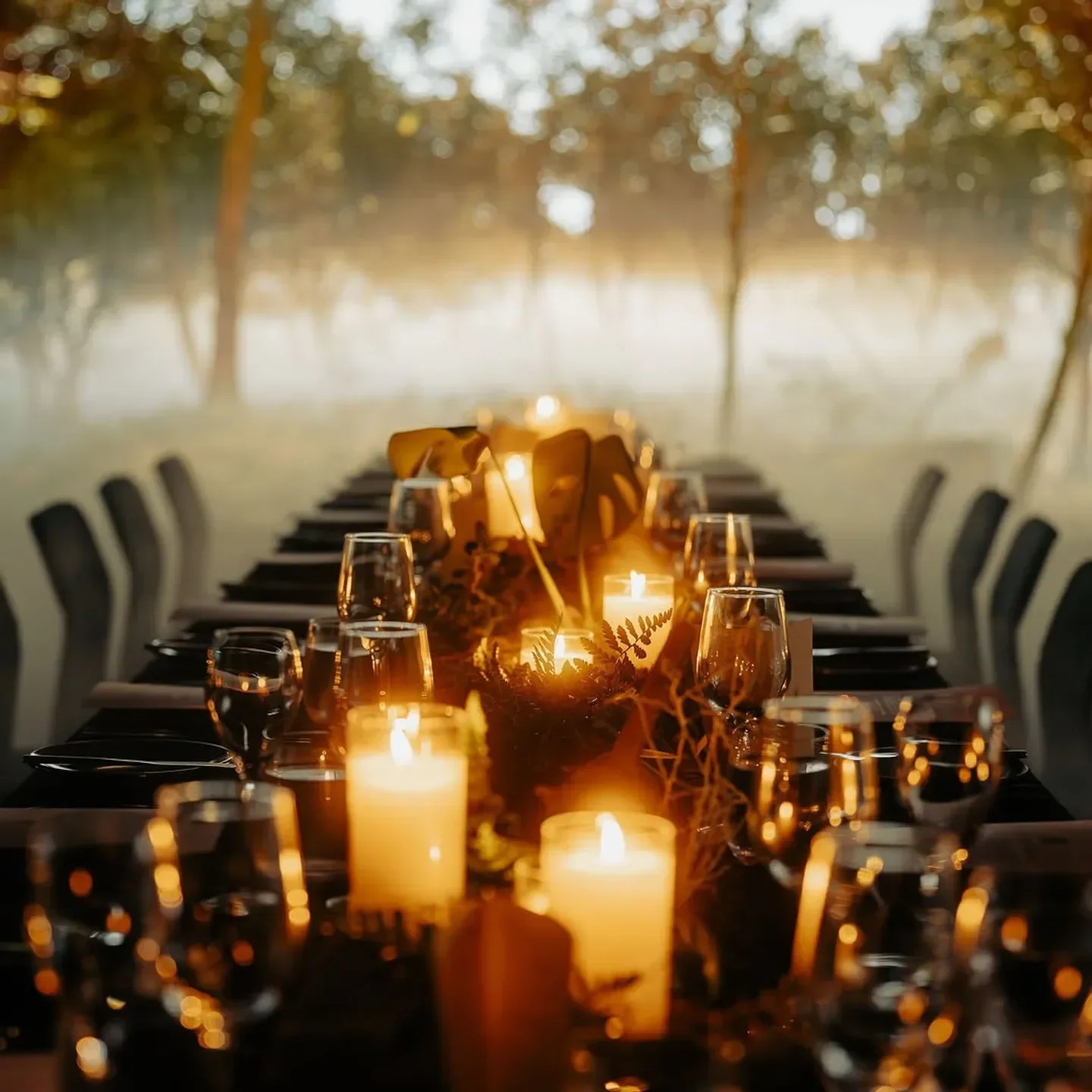 Aurora Restaurant in Adelaide: Romantic candlelit dining table set outdoors with a warm ambiance.
