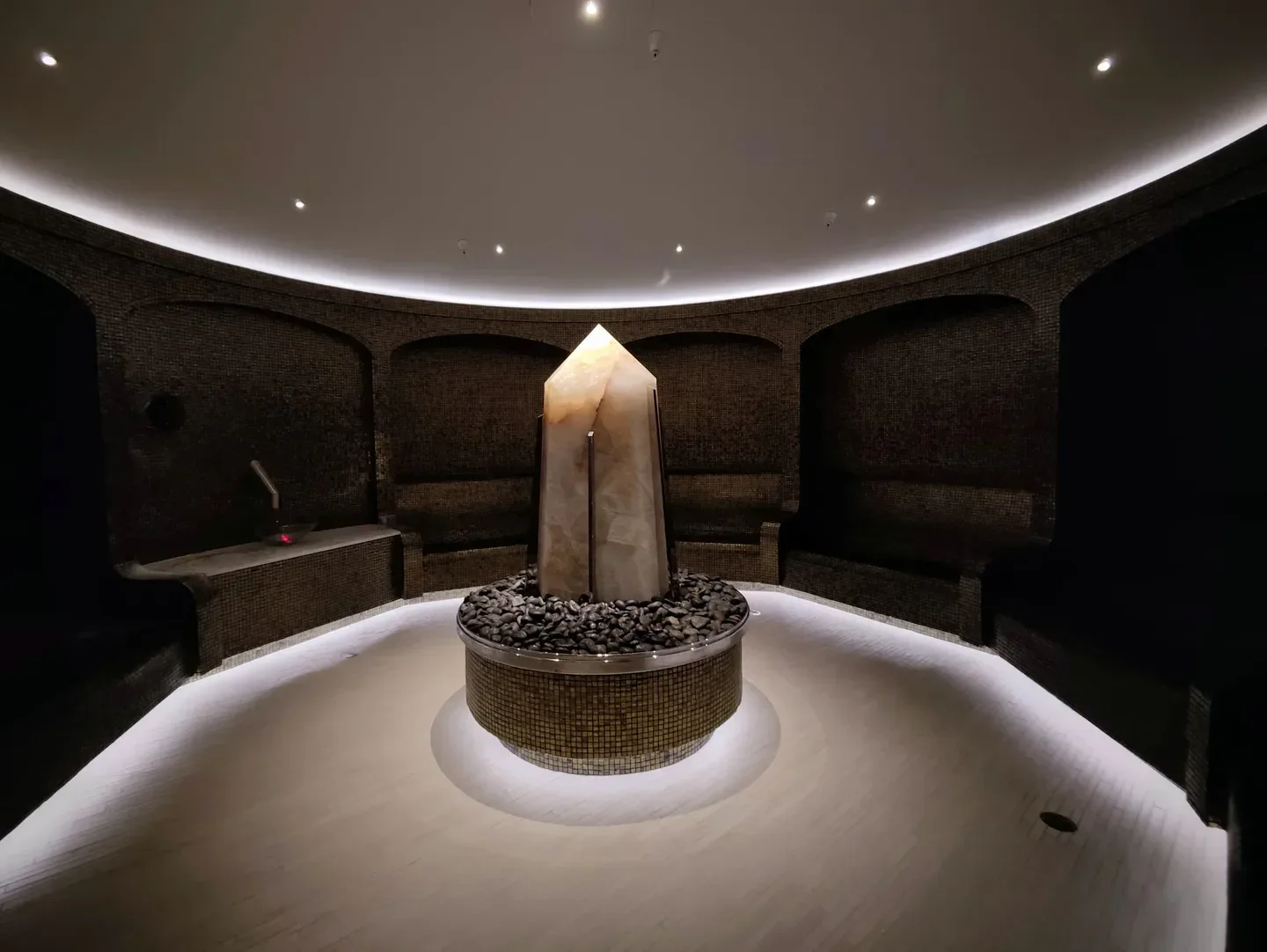 Interior of Awana Spa in Las Vegas with a glowing crystal sculpture.
