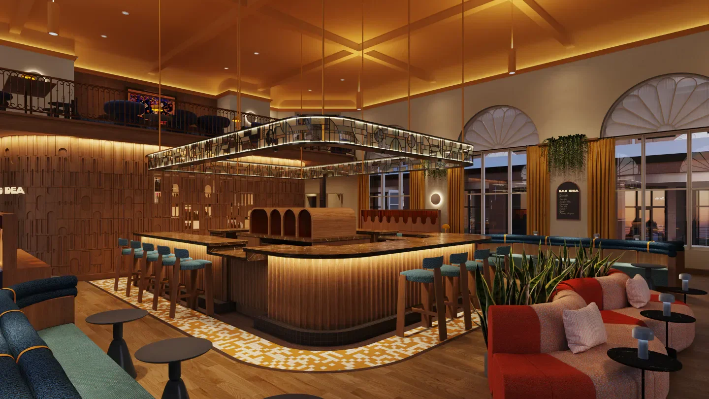 Interior of Bad Idea restaurant in Nashville, featuring a stylish bar and seating area.