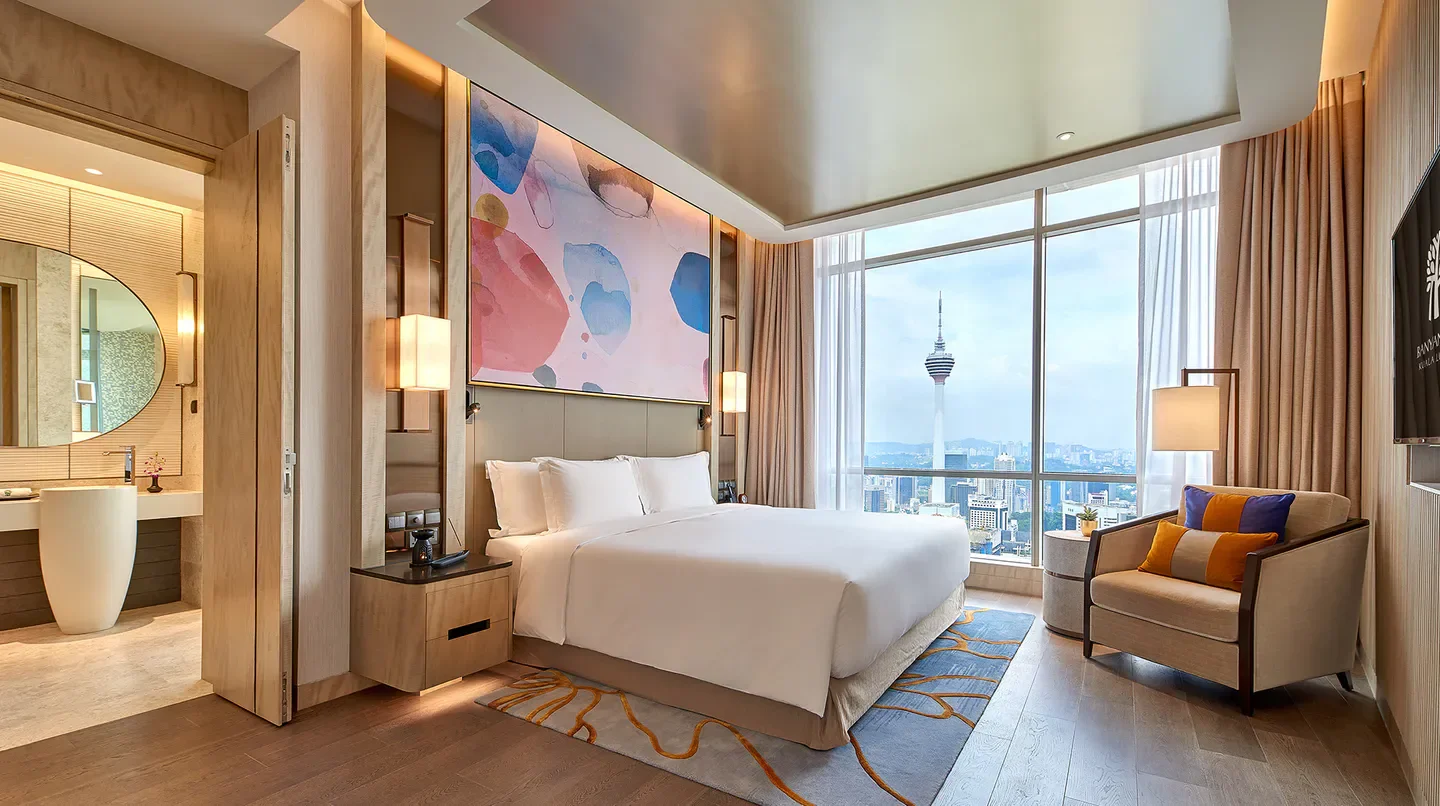 Luxury bedroom with city view at Banyan Tree Kuala Lumpur, Kuala Lumpur.