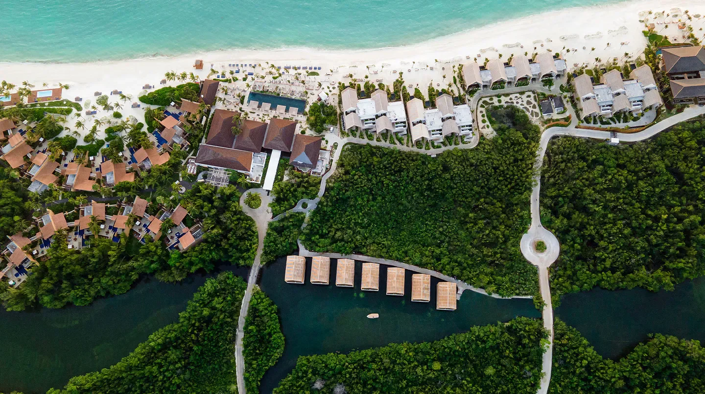 Aerial view of Banyan Tree Mayakoba resort and beach in Playa del Carmen