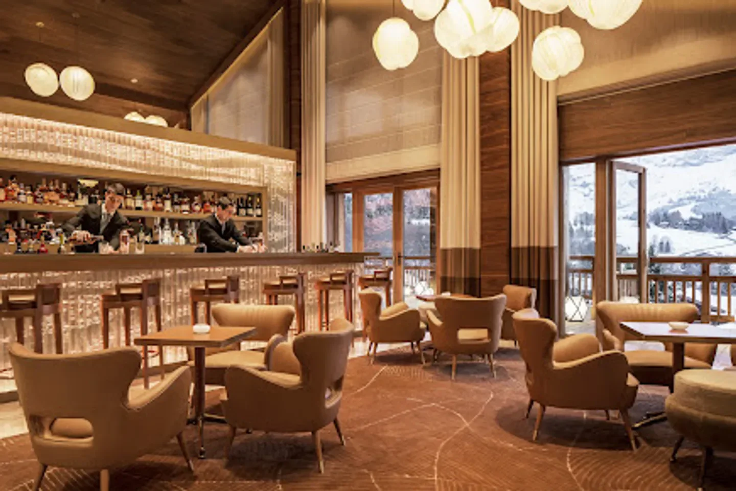 Interior of Bar Edmond nightclub in Megeve, with cozy seating and bar