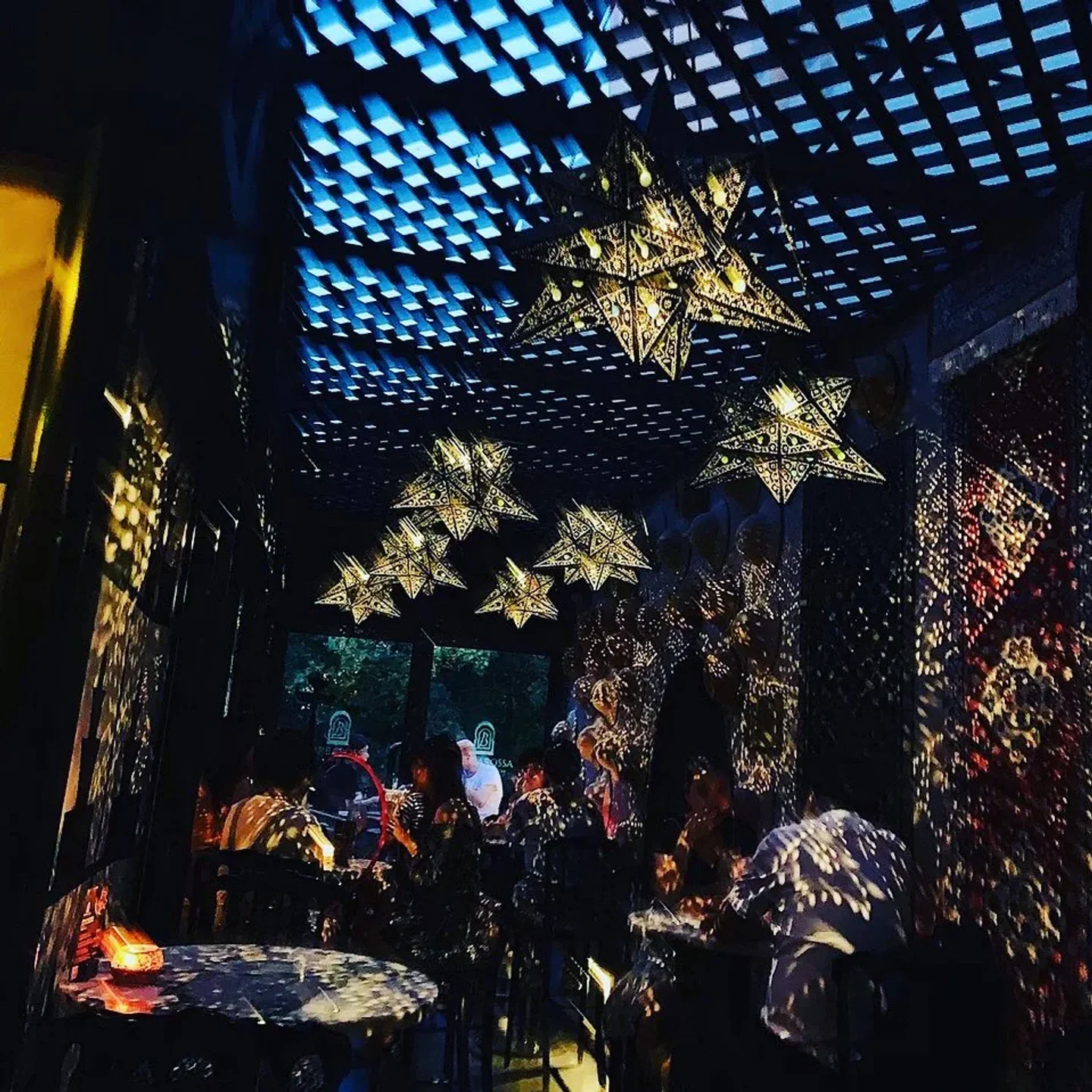 Atmospheric dining experience at Barbarossa restaurant in Shanghai, featuring unique star lanterns and ambient lighting.