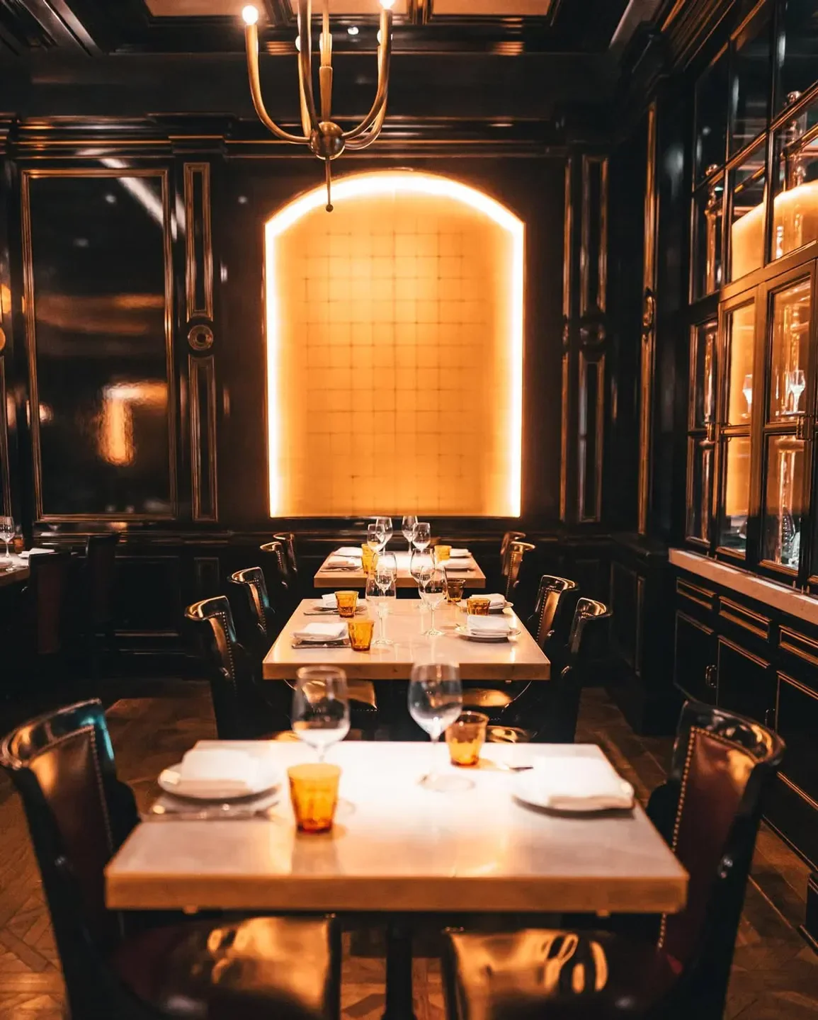 Elegant dining room at Bardot Brasserie in Las Vegas, with tables set for guests