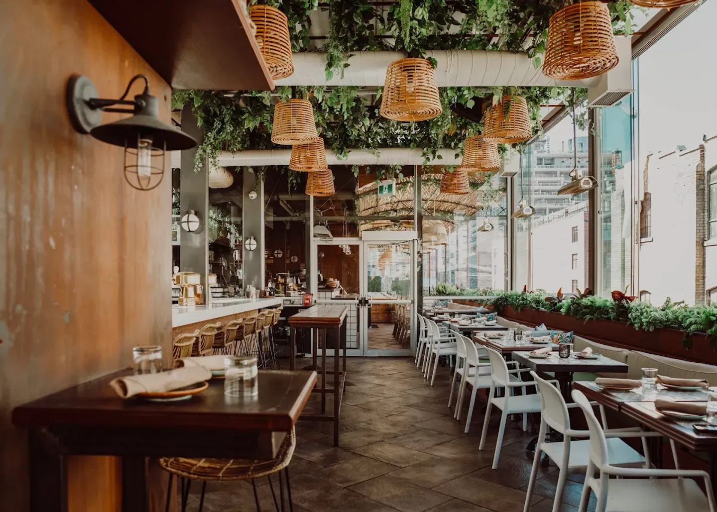 Stylish interior of Baro restaurant in Toronto, featuring woven light fixtures and greenery.