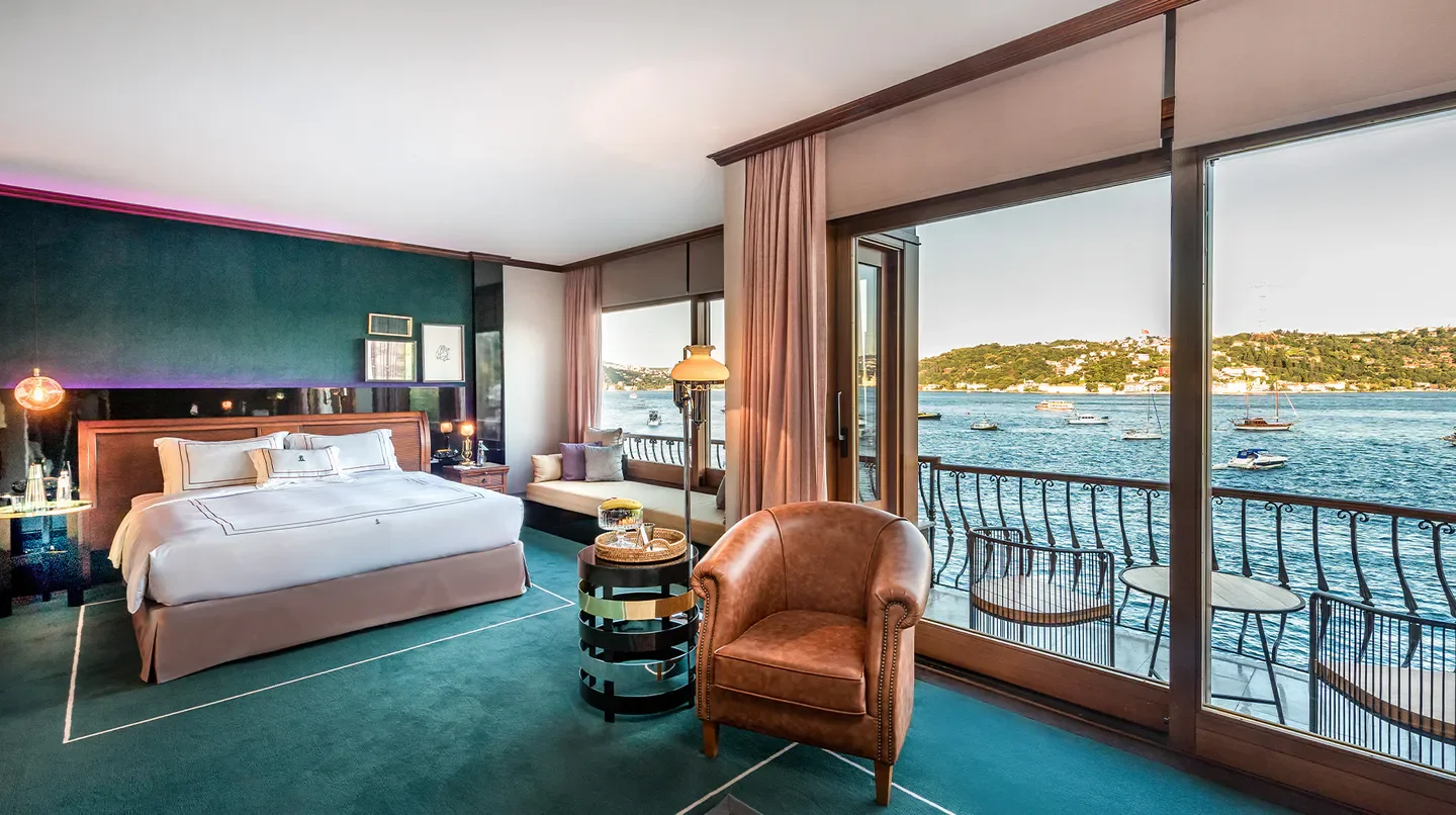 Bebek Hotel by The Stay in Istanbul: Luxurious hotel room with balcony overlooking the Bosphorus.