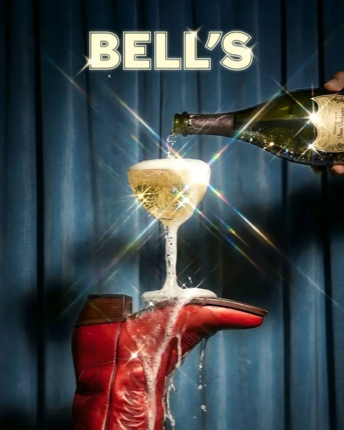 Champagne pouring into a glass resting on a red boot at Bell's in Santa Ynez Valley.
