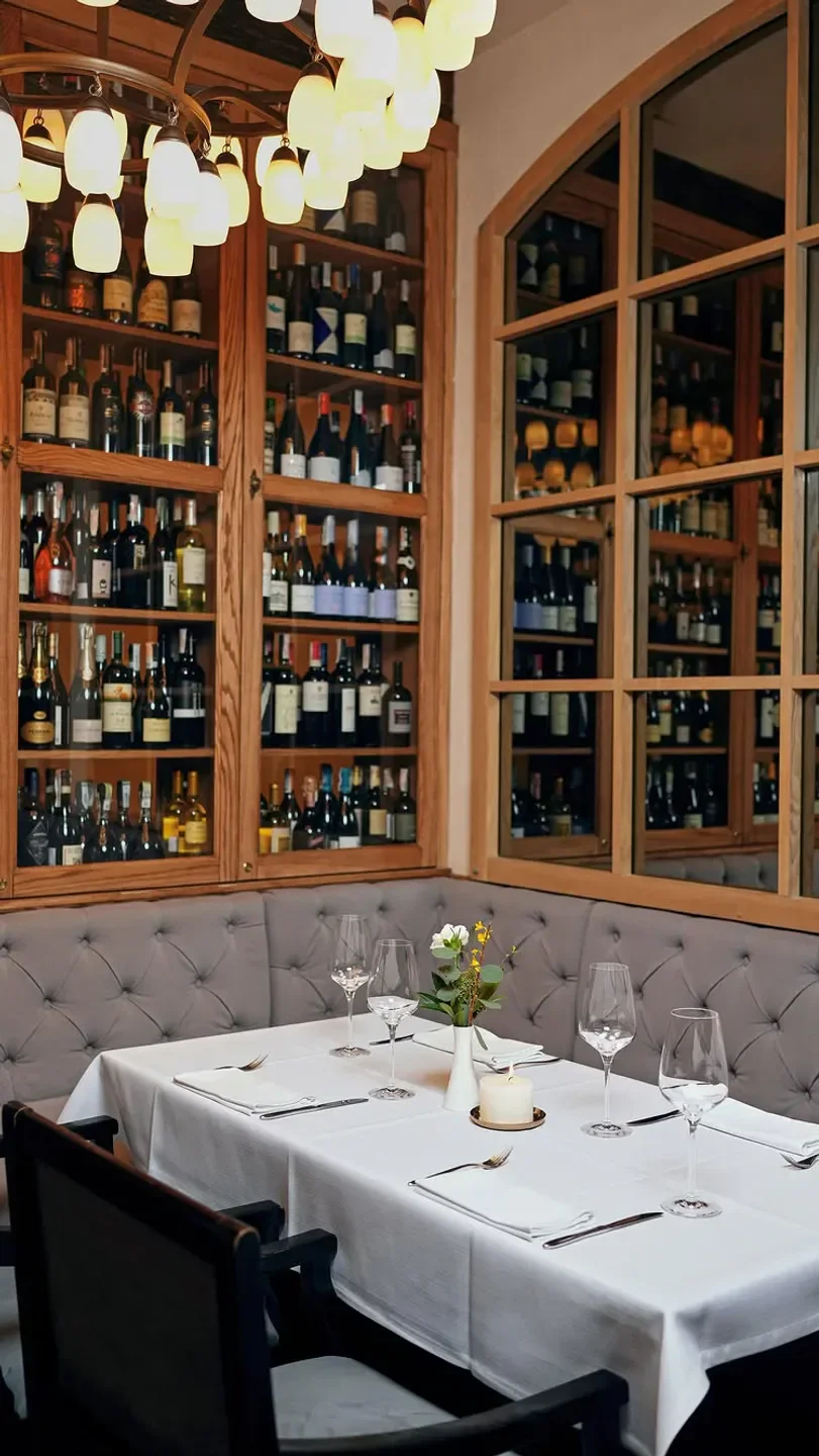 Cozy dining area at Bigoli in Kyiv, featuring wine display and elegant table setting.