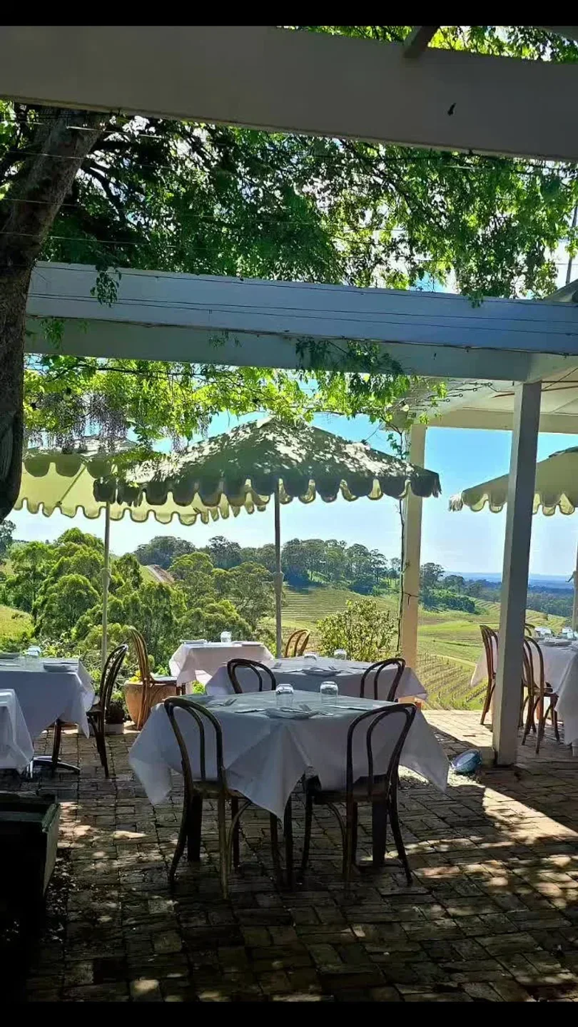 Outdoor dining at Bistro Molines in Hunter Valley, with views over the vineyards.