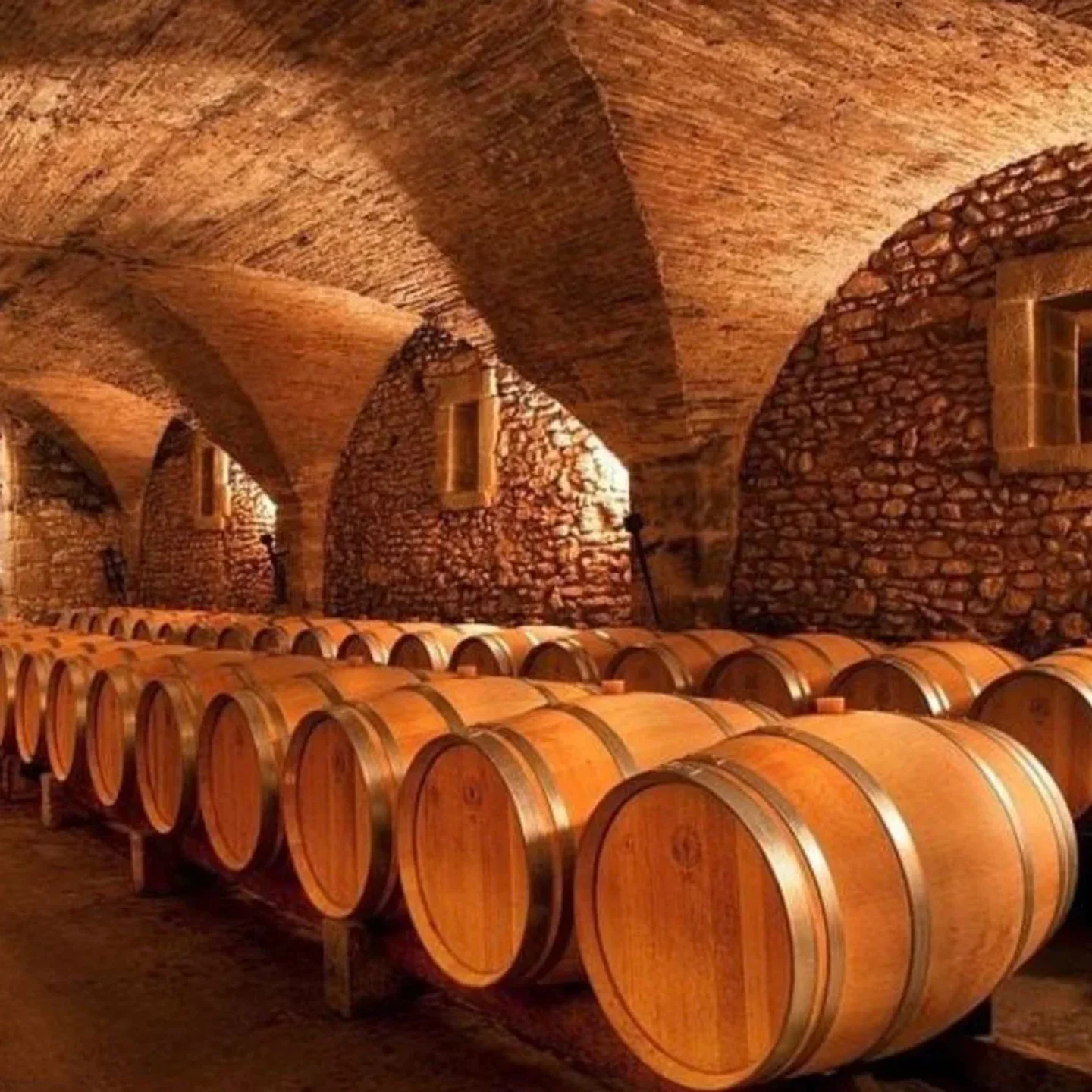 Wine cellar interior at Bleu Provence in Naples Florida with wooden barrels and stone archways.