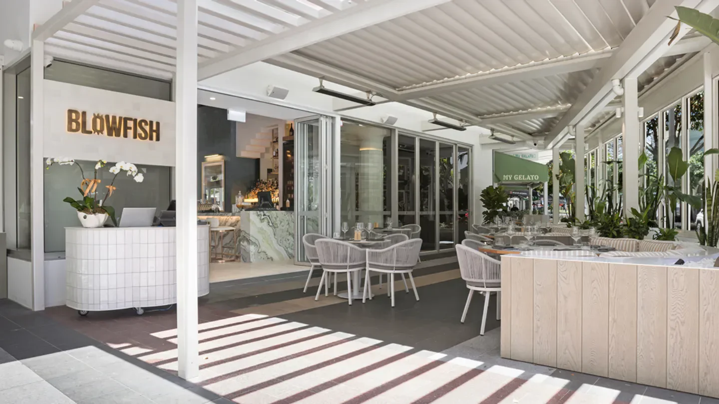 Outdoor seating area at Blowfish Ocean Grill Bar, Gold Coast, Queensland, Australia.