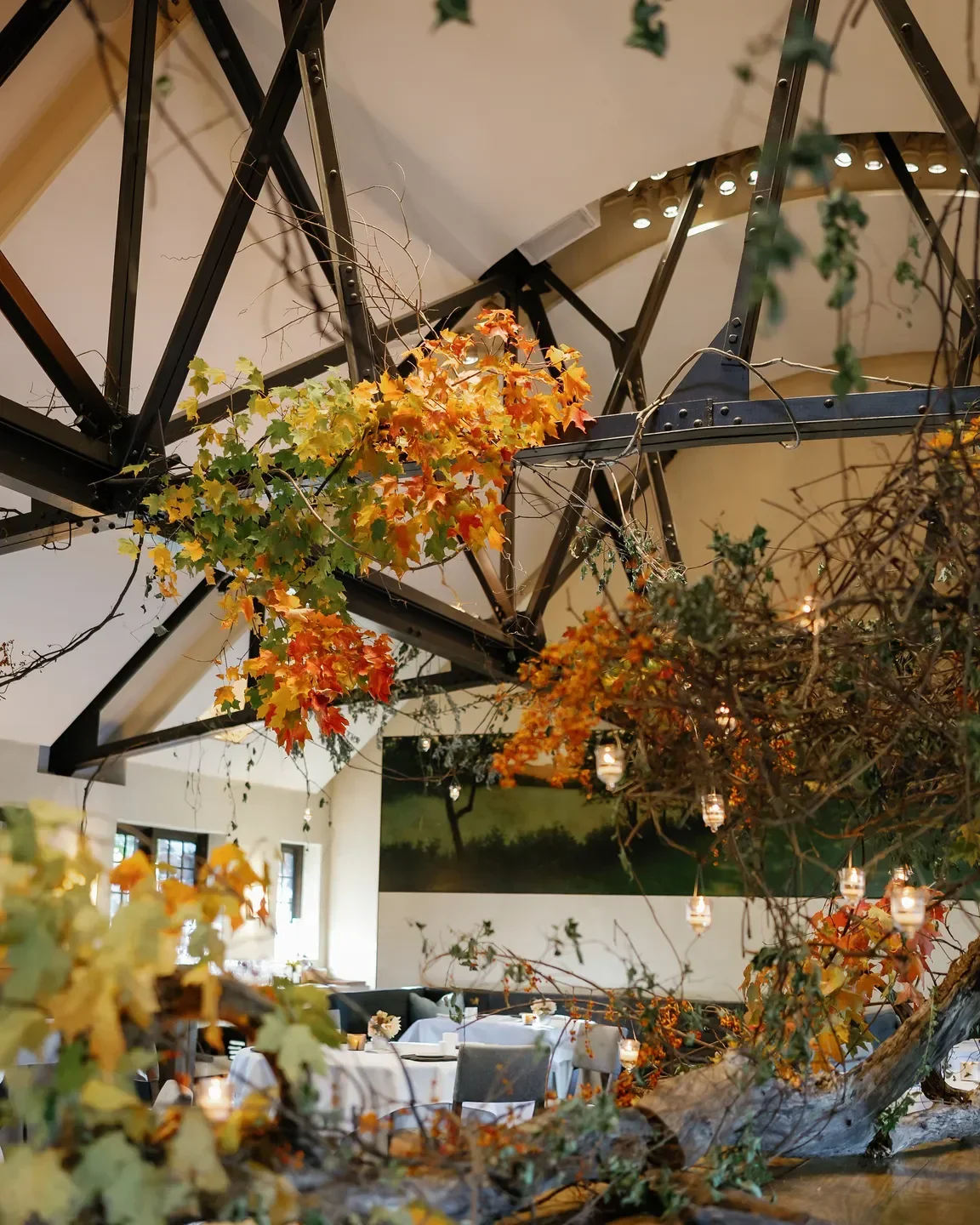Interior of Blue Hill at Stone Barns restaurant in Hudson Valley with autumn decor