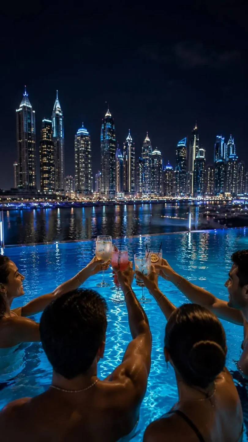 Bohemia Beach Club guests toast cocktails in pool with city skyline at night