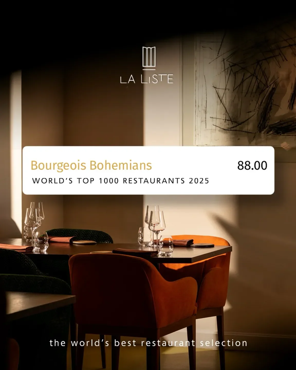 Interior of Bourgeois Bohemians restaurant in St Petersburg, featuring elegant seating and dining setting.