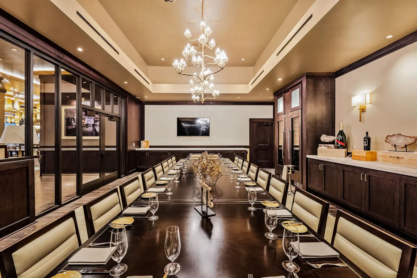 Elegant private dining room at Bull & Bourbon Steakhouse in San Diego, ready for a special event.