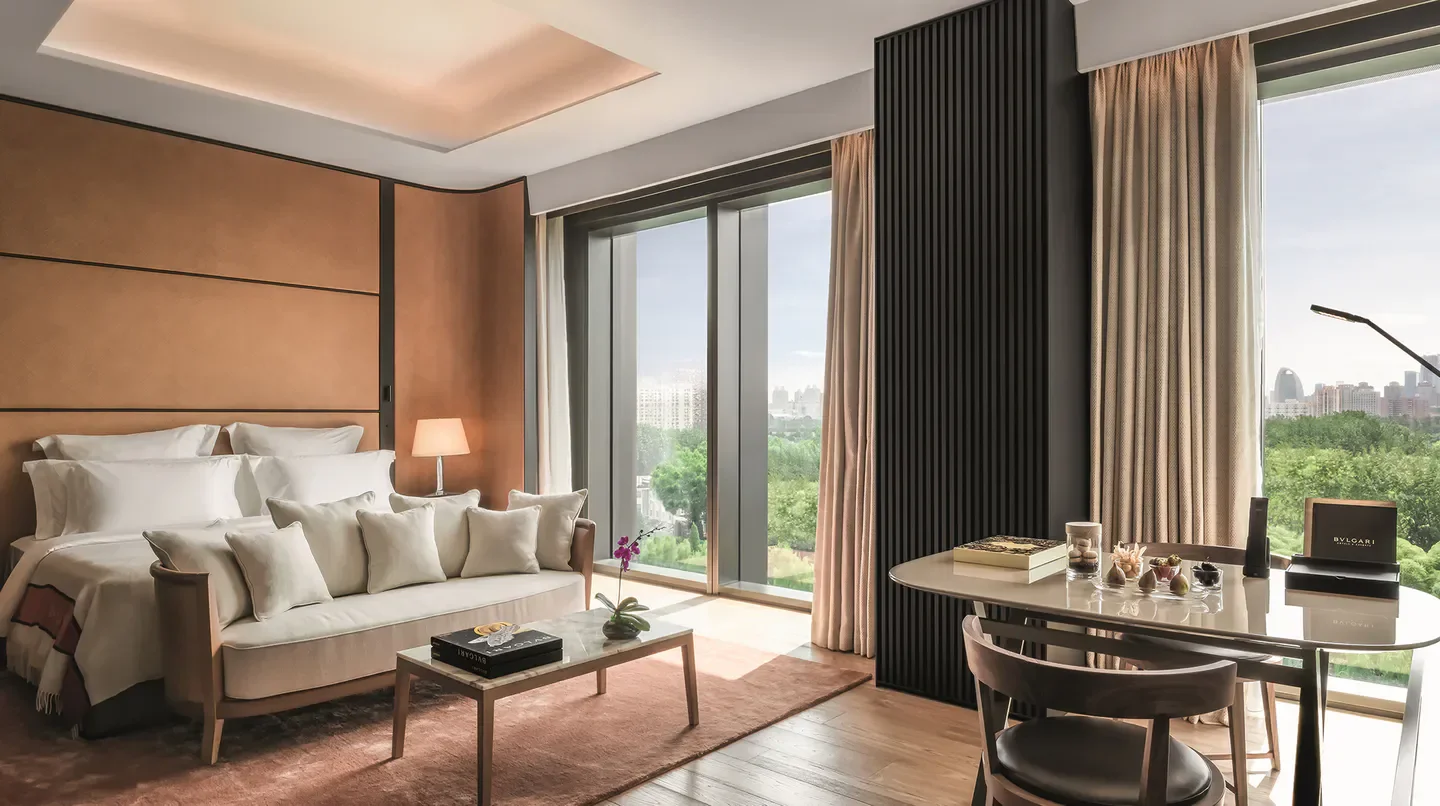 Luxury hotel suite at Bvlgari Hotel Beijing with city views of Beijing.