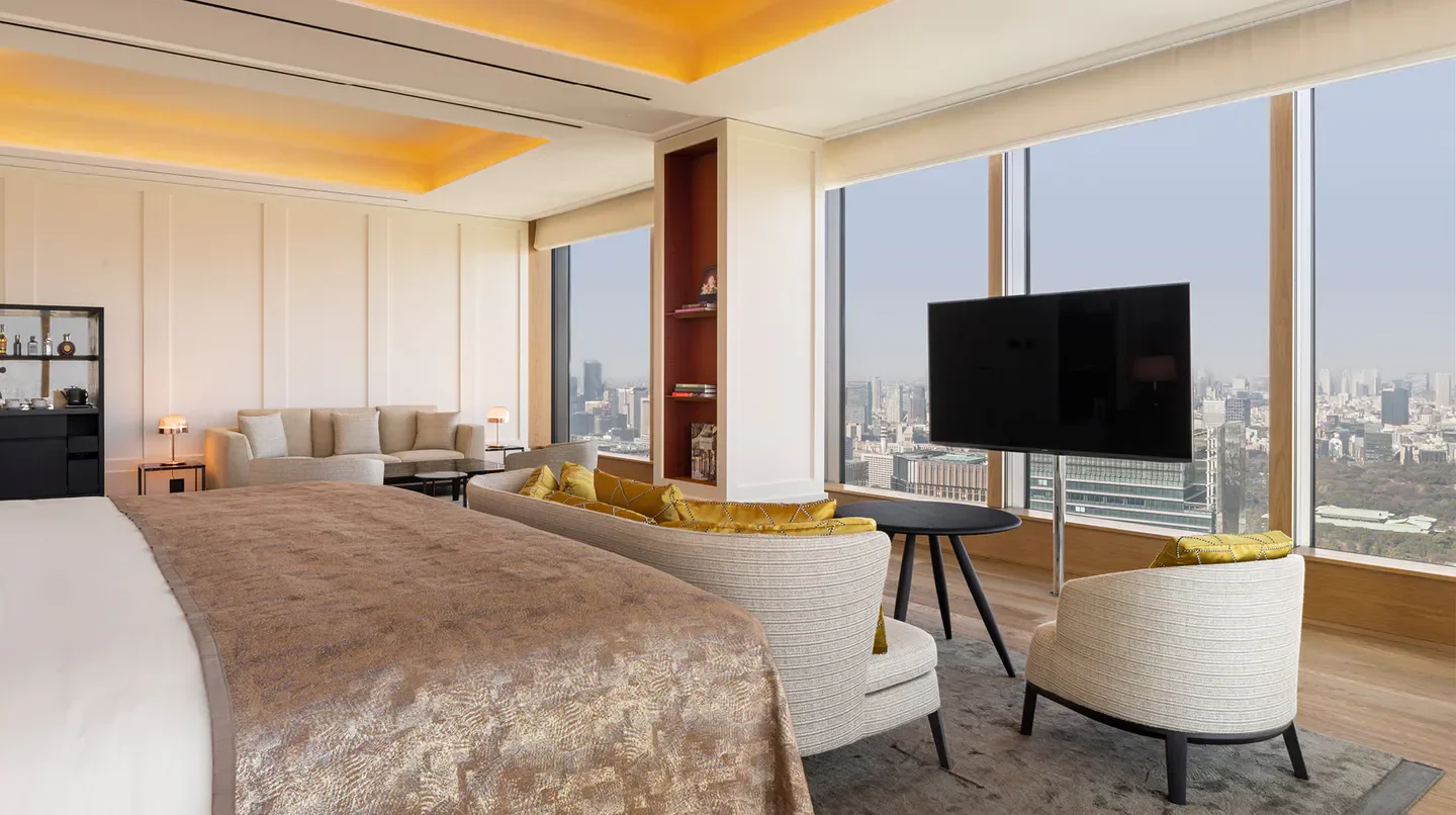 Luxury hotel room at Bvlgari Hotel Tokyo with city views of Tokyo