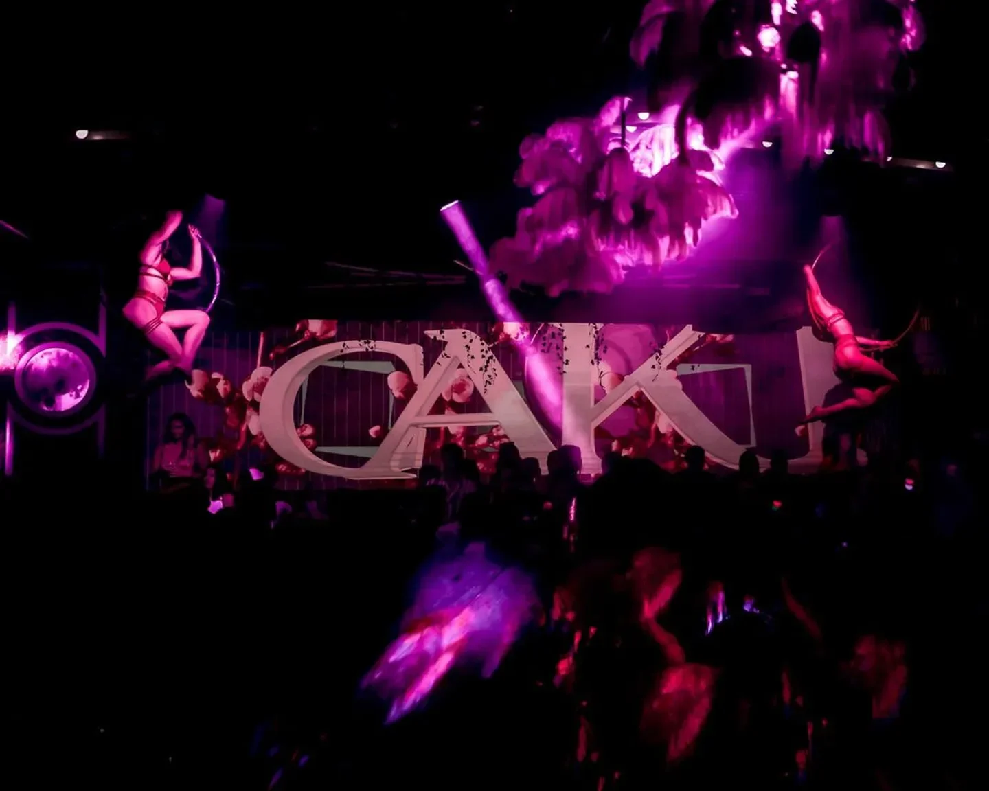 Aerial performers and vibrant atmosphere inside Cake Nightclub Scottsdale