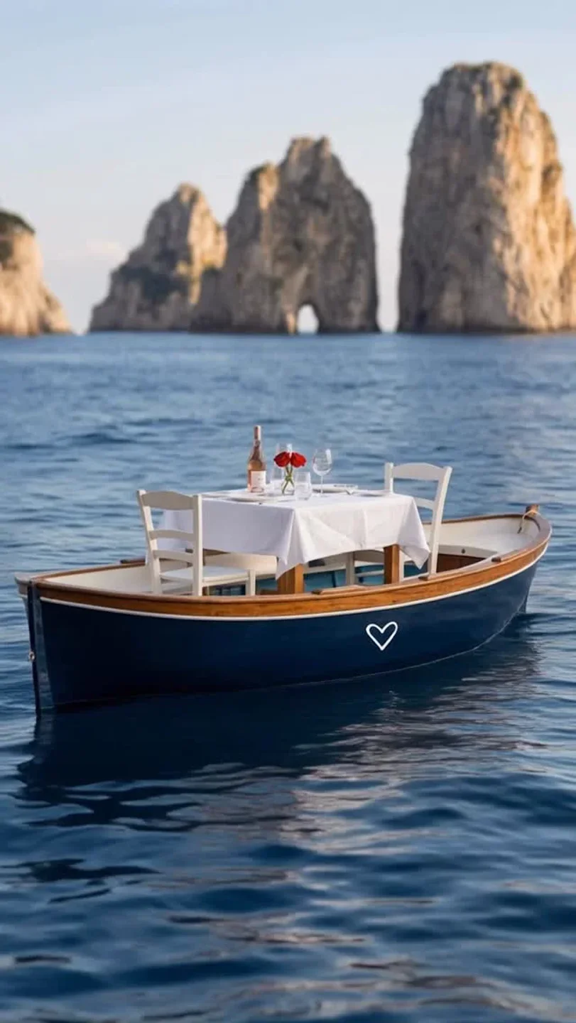 Romantic boat dinner at Casa Tua Restaurant in Capri with Faraglioni rocks in the background