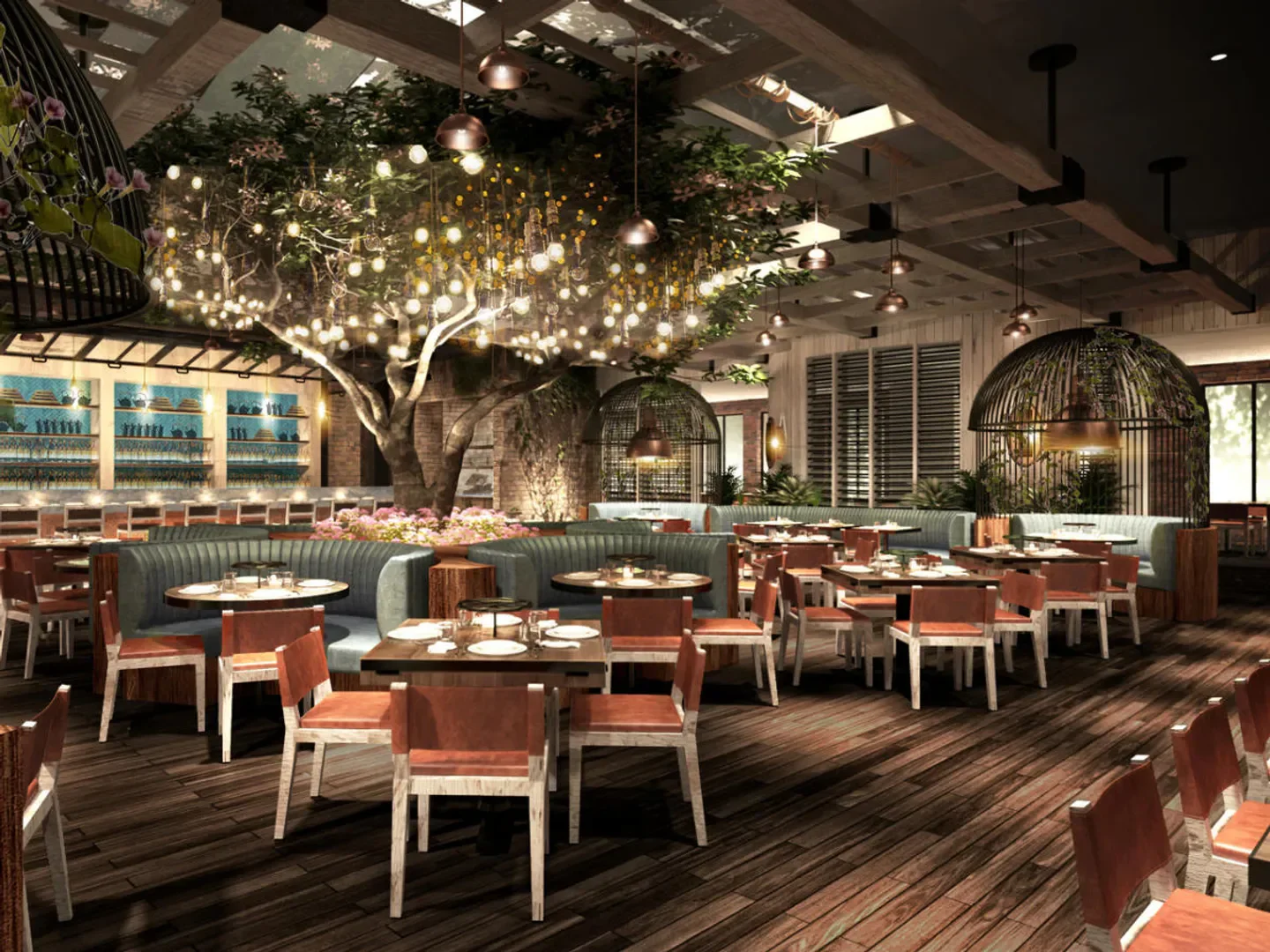 Beautiful interior of Catch restaurant in Las Vegas, with a tree and elegant design.