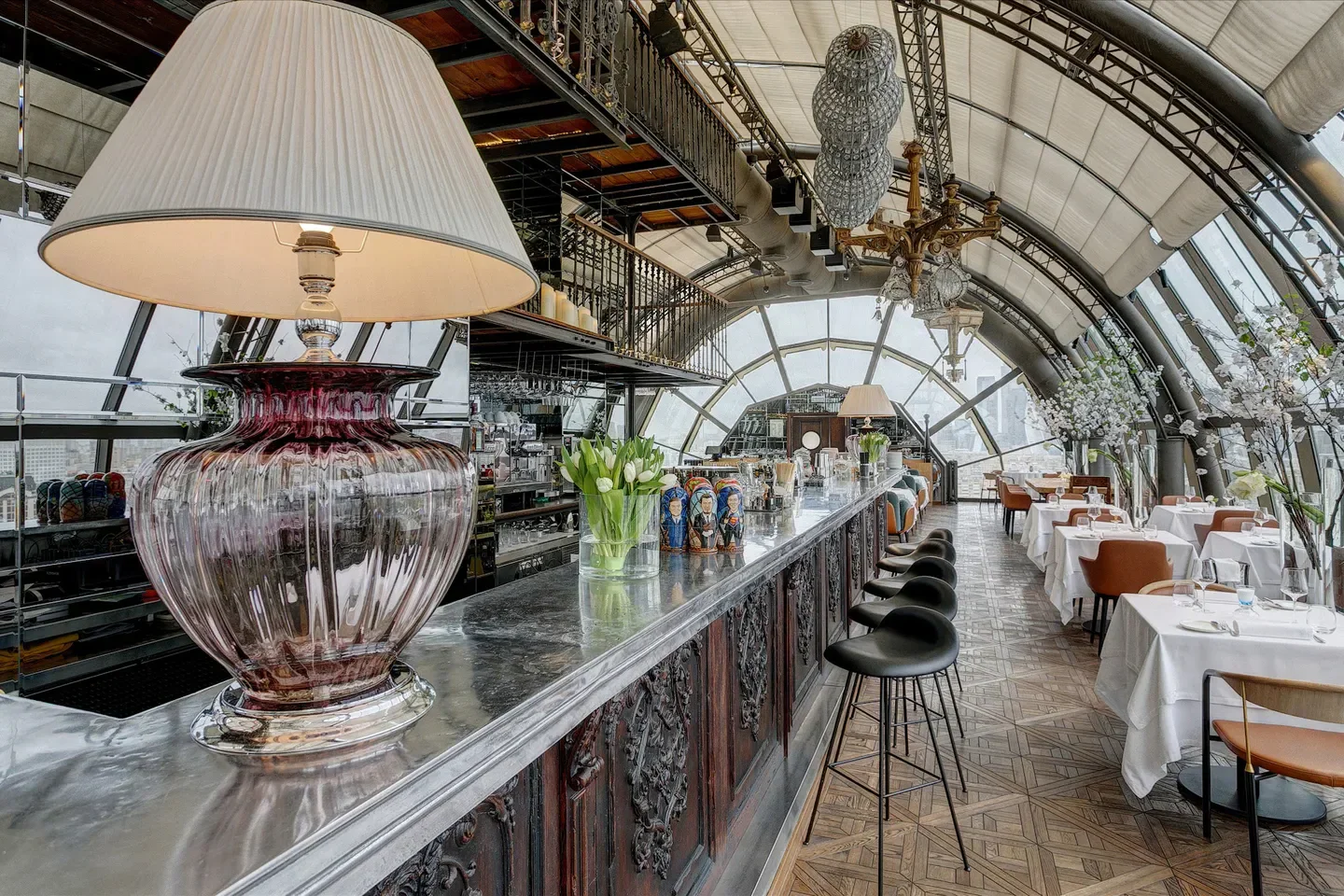 Interior of Chef's Table by White Rabbit in Moscow with elegant decor and bar seating