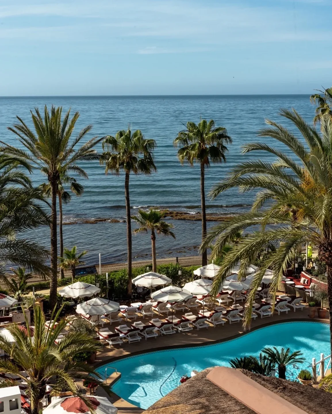 Chiringuito Puente Romano in Marbella: poolside loungers and umbrellas by the azure sea under palm trees.