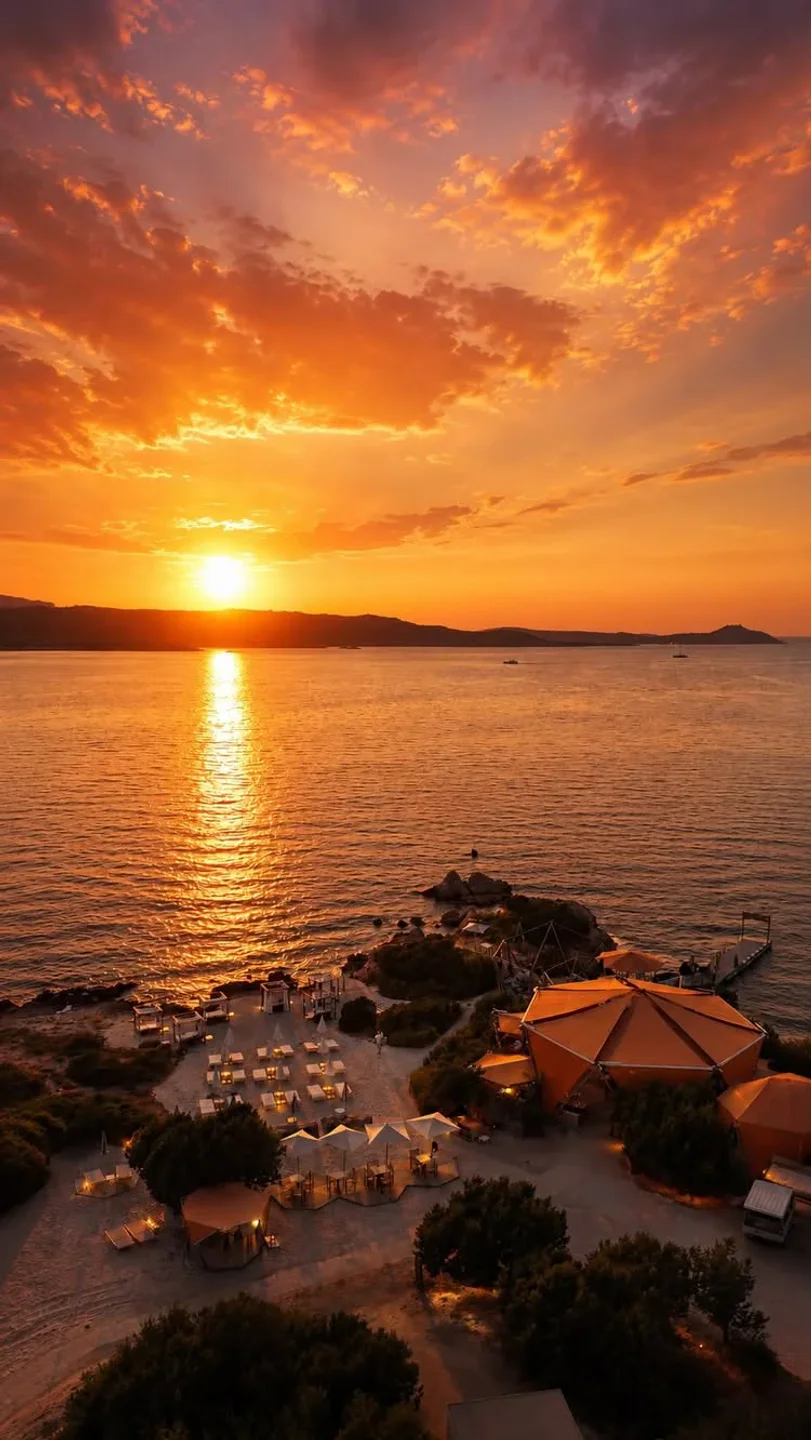 Cone Club Sardinia stunning sunset over the ocean with beachside seating and unique orange architecture